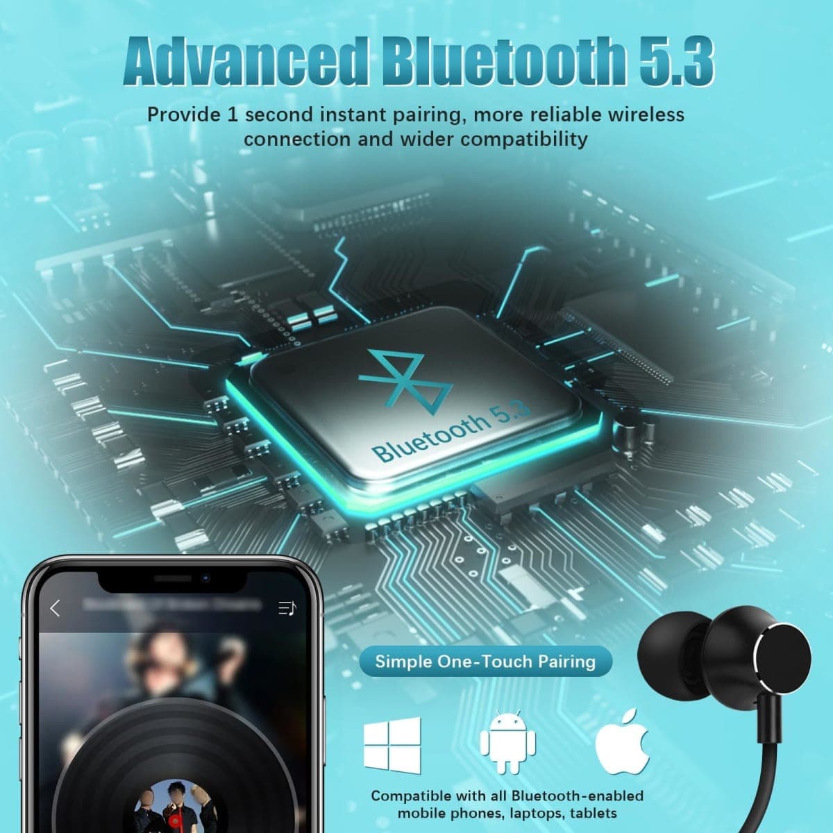 Lecefty Neckband Bluetooth Headphones, 200H Extra Long Playtime Wireless Stereo Neckband Earbuds with Microphone, Waterproof Balanced Armature Drivers in Ear Headset for Sports/Workout (Cyan Green) thumbnail 3