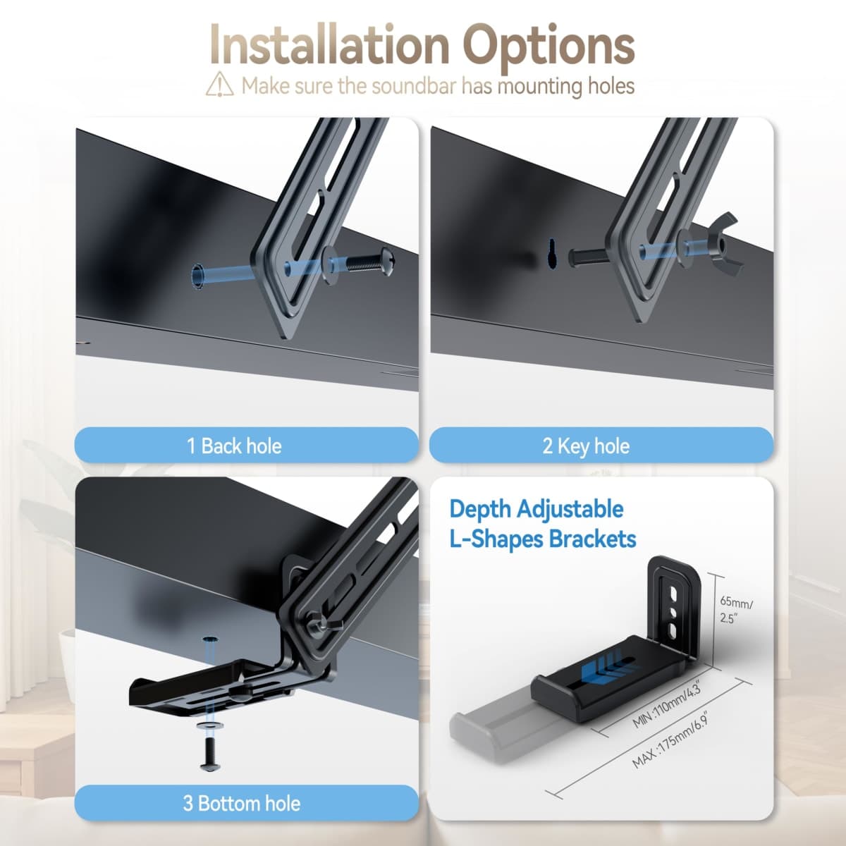 C YECEN Sound Bar Mounts Unter TV or Above TV, Height & Depth Adjustable Soundbar Mount，with Detachable Extension Arms and L-Brackets thumbnail 4