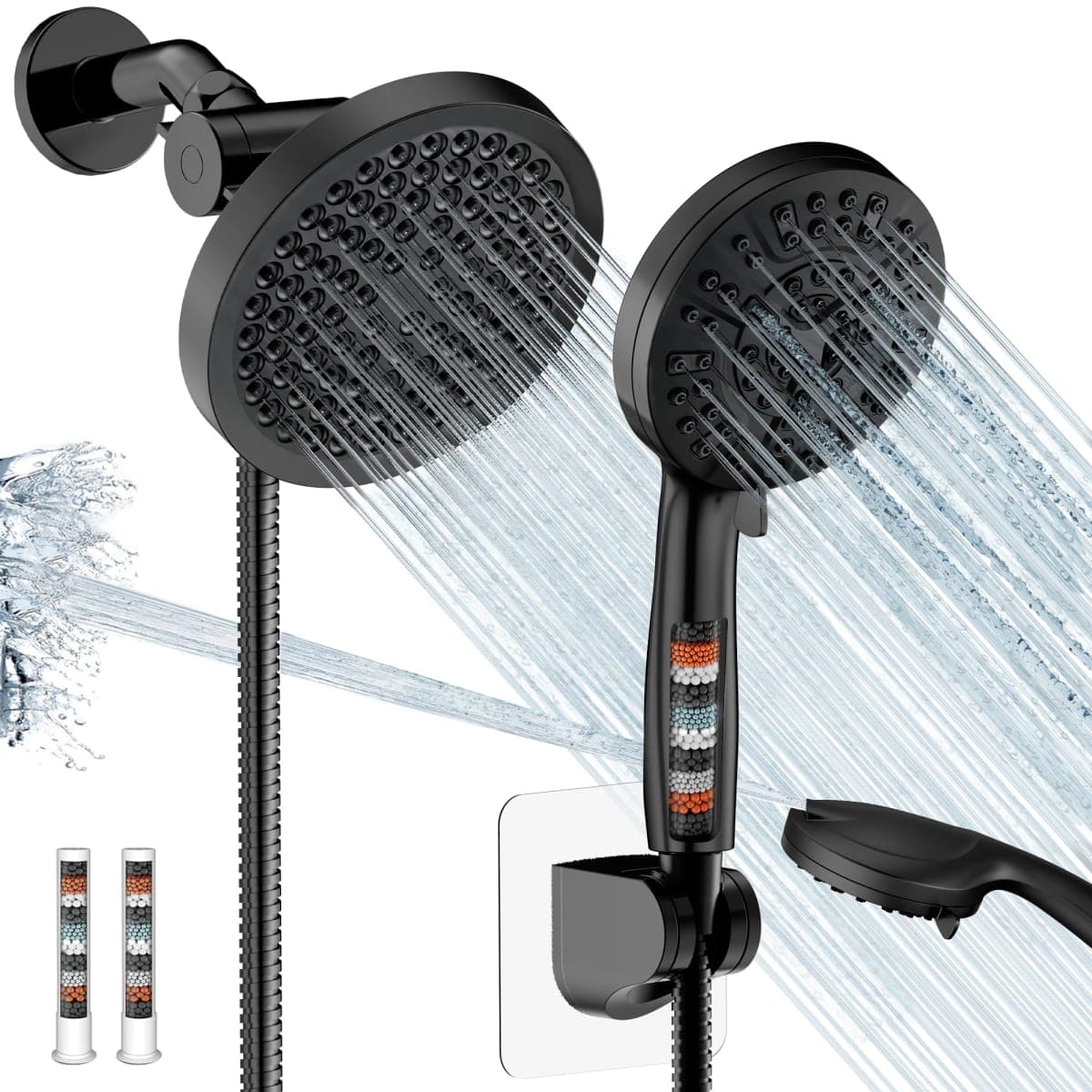 UltrTxenova Filtered Shower Head with Handheld Spray Combo,High Pressure Rain Shower Heads,Double Dual Shower Head 10 Spray Modes,Detachable Showerhead 78 Inch Hose,Black