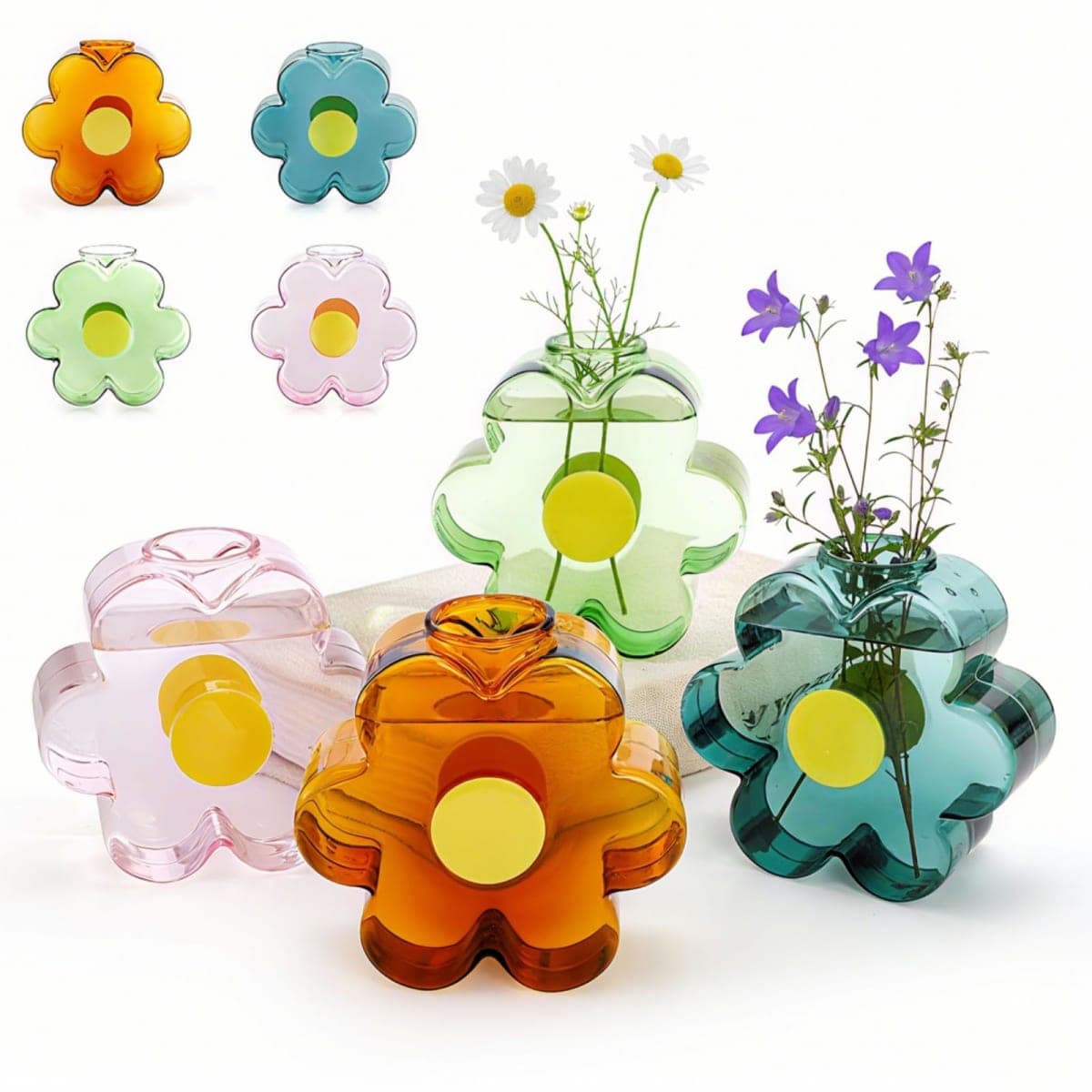 Covzoe 4 Pack Small Glass Vases, Unique Flower Shaped Vase with 4 Colors, Cute Glass Bud Vases for Centerpieces, Modern Decorative Mini Vase for Home, Office, Wedding — image 1