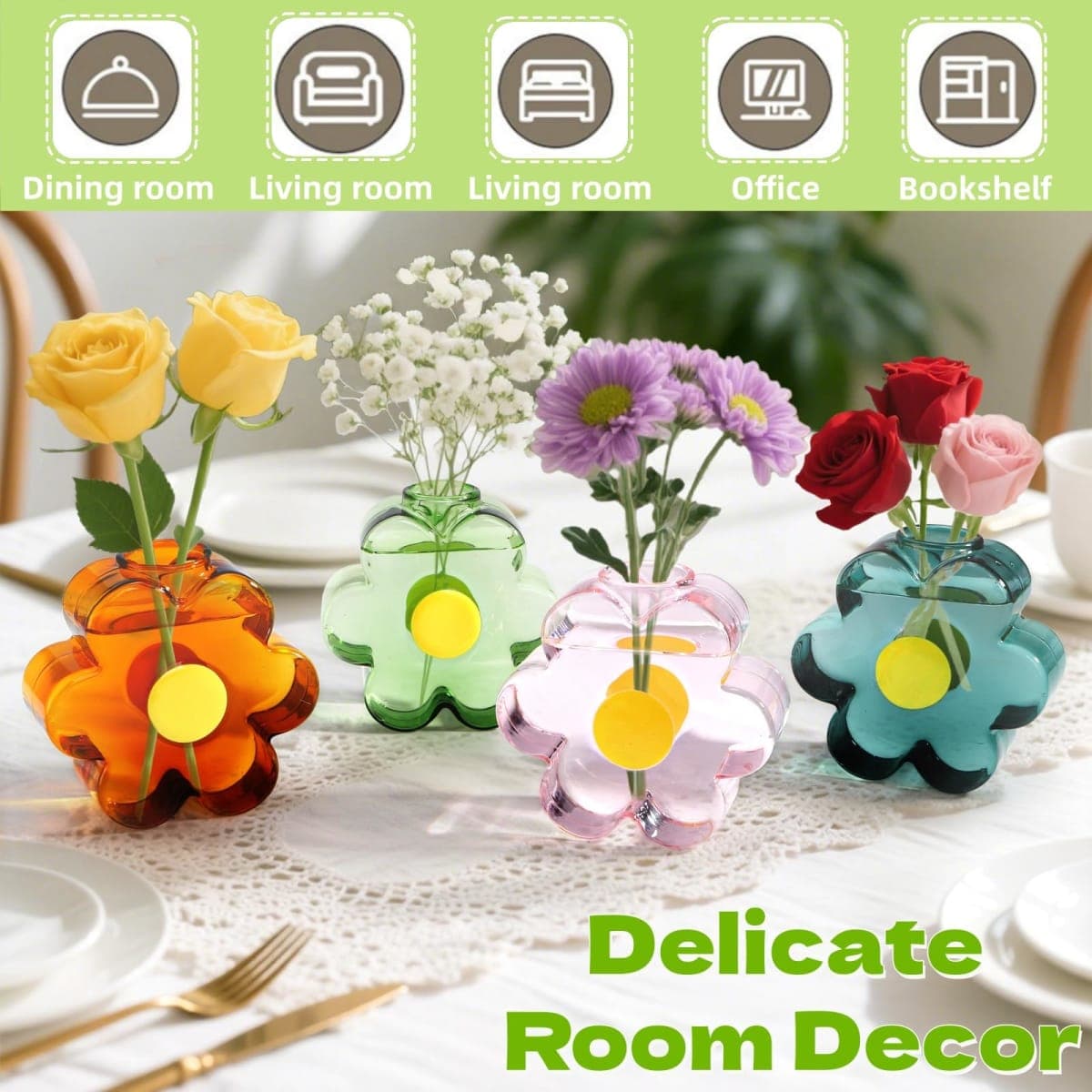 Covzoe 4 Pack Small Glass Vases, Unique Flower Shaped Vase with 4 Colors, Cute Glass Bud Vases for Centerpieces, Modern Decorative Mini Vase for Home, Office, Wedding thumbnail 4