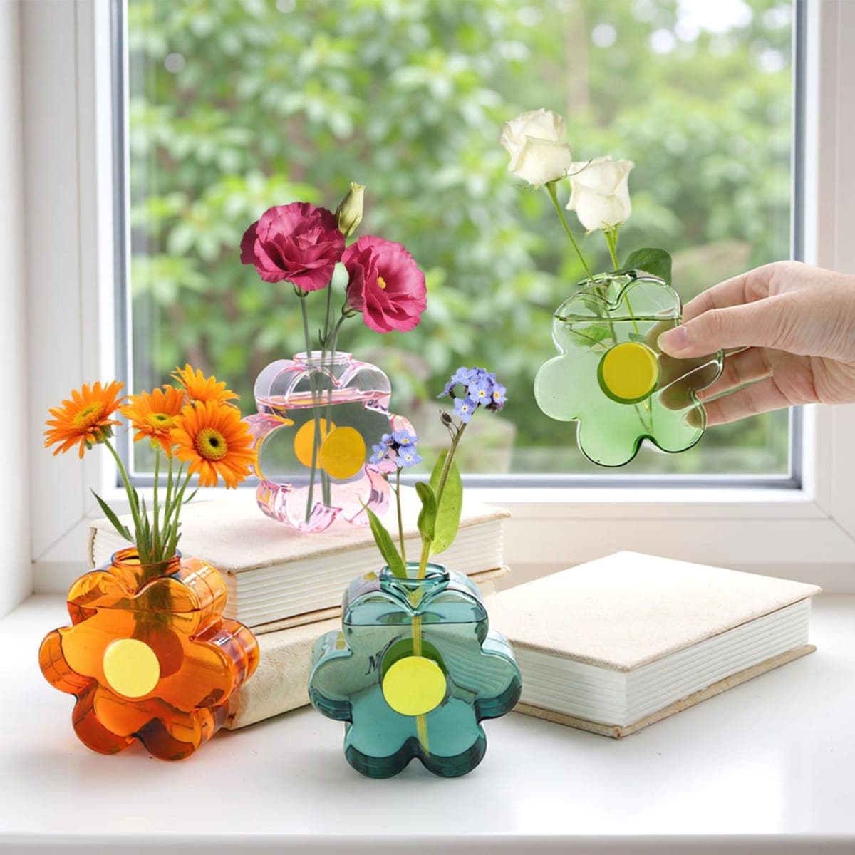 Covzoe 4 Pack Small Glass Vases, Unique Flower Shaped Vase with 4 Colors, Cute Glass Bud Vases for Centerpieces, Modern Decorative Mini Vase for Home, Office, Wedding thumbnail 5