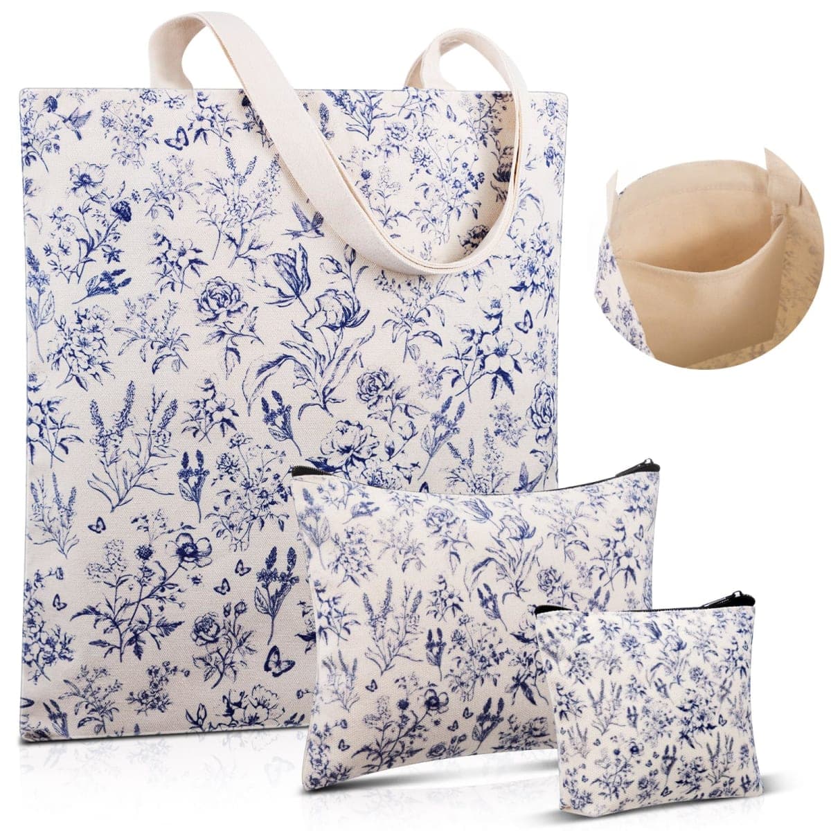 Shinylin 3 Pcs Blue Flower Canvas Tote Bag Makeup Coin Purse Set with Zipper Reusable Grocery Shopping Flowers Cute Cosmetic Bag Aesthetic Portable Pouch Birthday Gift for Mom Women Teacher — image 1