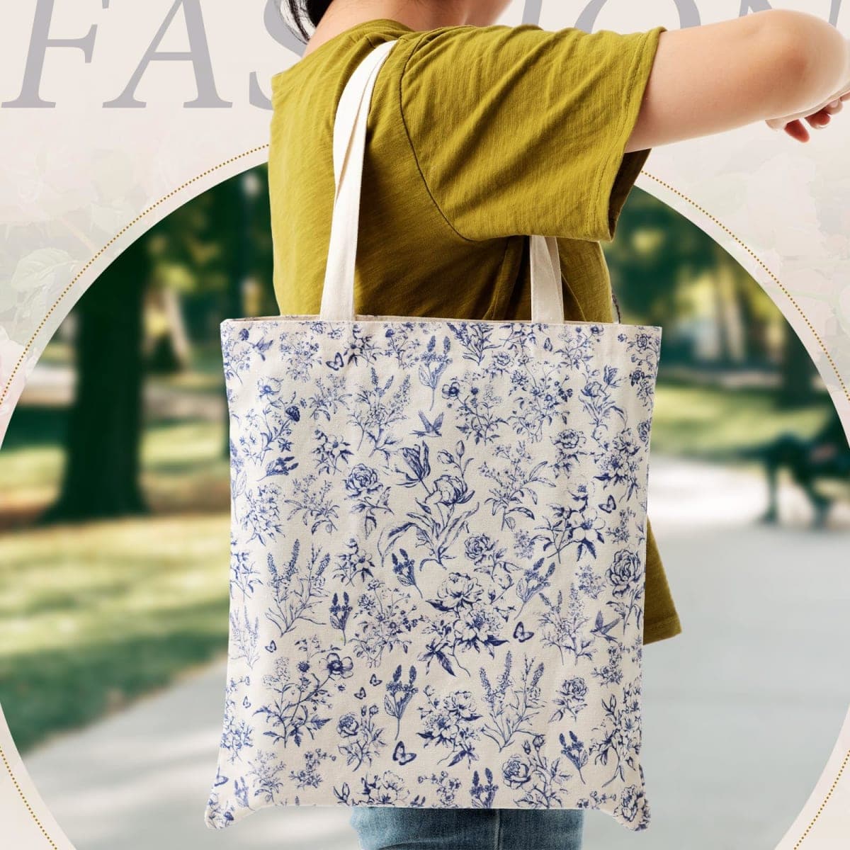 Shinylin 3 Pcs Blue Flower Canvas Tote Bag Makeup Coin Purse Set with Zipper Reusable Grocery Shopping Flowers Cute Cosmetic Bag Aesthetic Portable Pouch Birthday Gift for Mom Women Teacher thumbnail 3