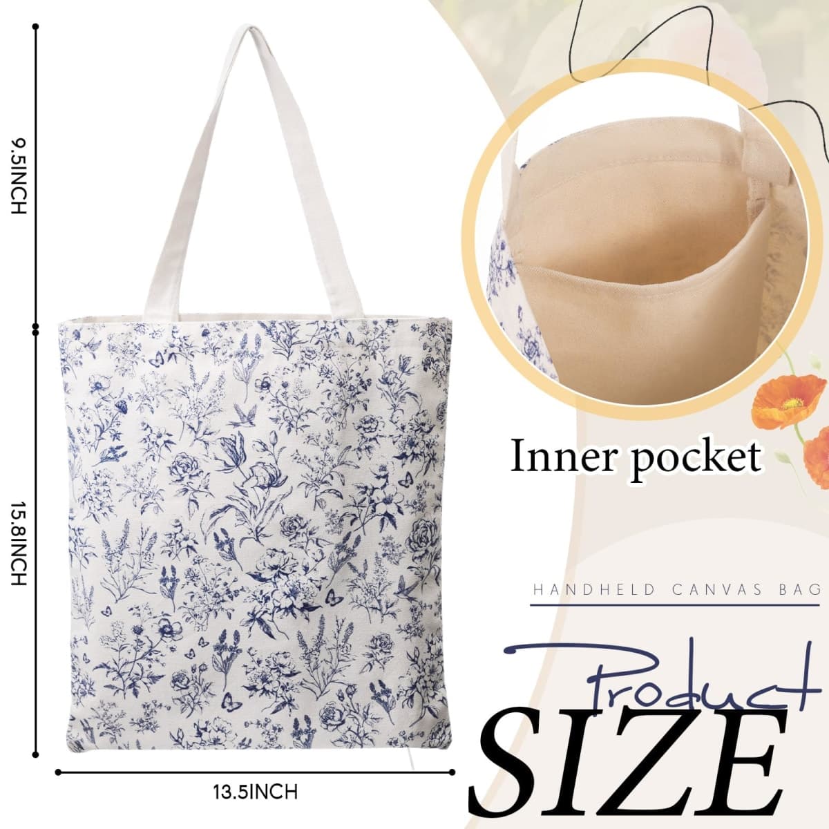 Shinylin 3 Pcs Blue Flower Canvas Tote Bag Makeup Coin Purse Set with Zipper Reusable Grocery Shopping Flowers Cute Cosmetic Bag Aesthetic Portable Pouch Birthday Gift for Mom Women Teacher thumbnail 4