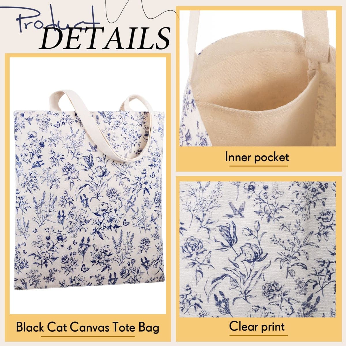 Shinylin 3 Pcs Blue Flower Canvas Tote Bag Makeup Coin Purse Set with Zipper Reusable Grocery Shopping Flowers Cute Cosmetic Bag Aesthetic Portable Pouch Birthday Gift for Mom Women Teacher thumbnail 5