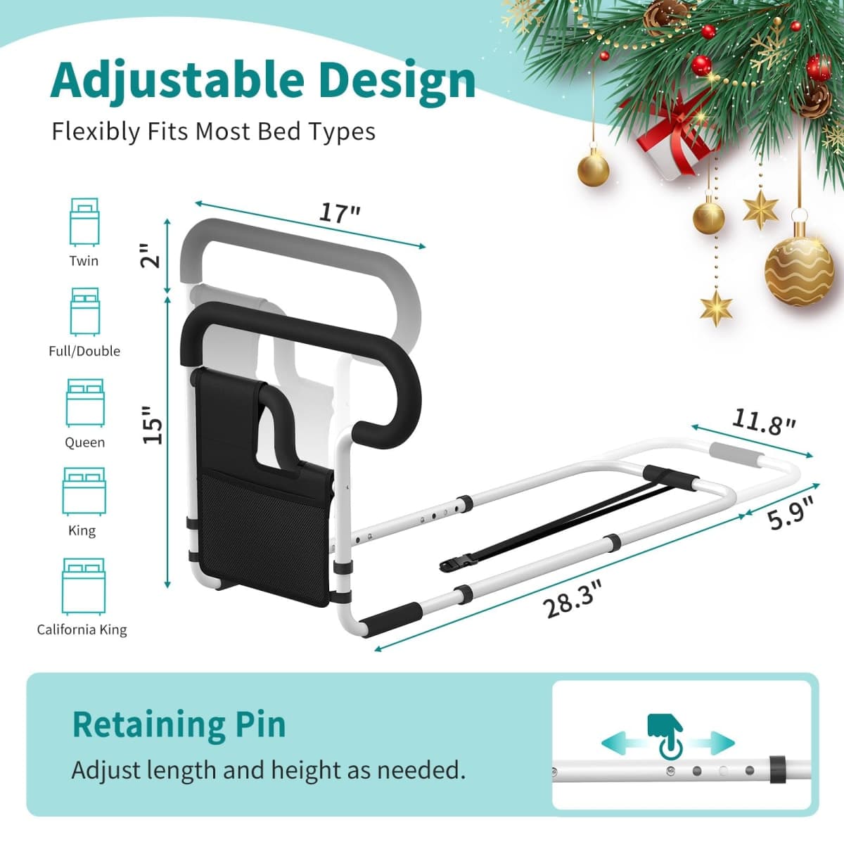 SEESMILE Bed Rails for Elderly Adults Safety: Adjustable Bed Assist Rail for Seniors, Bed Safety Rail with Storage Bag and Fixing Strap, Fit King, Queen, Full, Twin, Sliver Black thumbnail 2