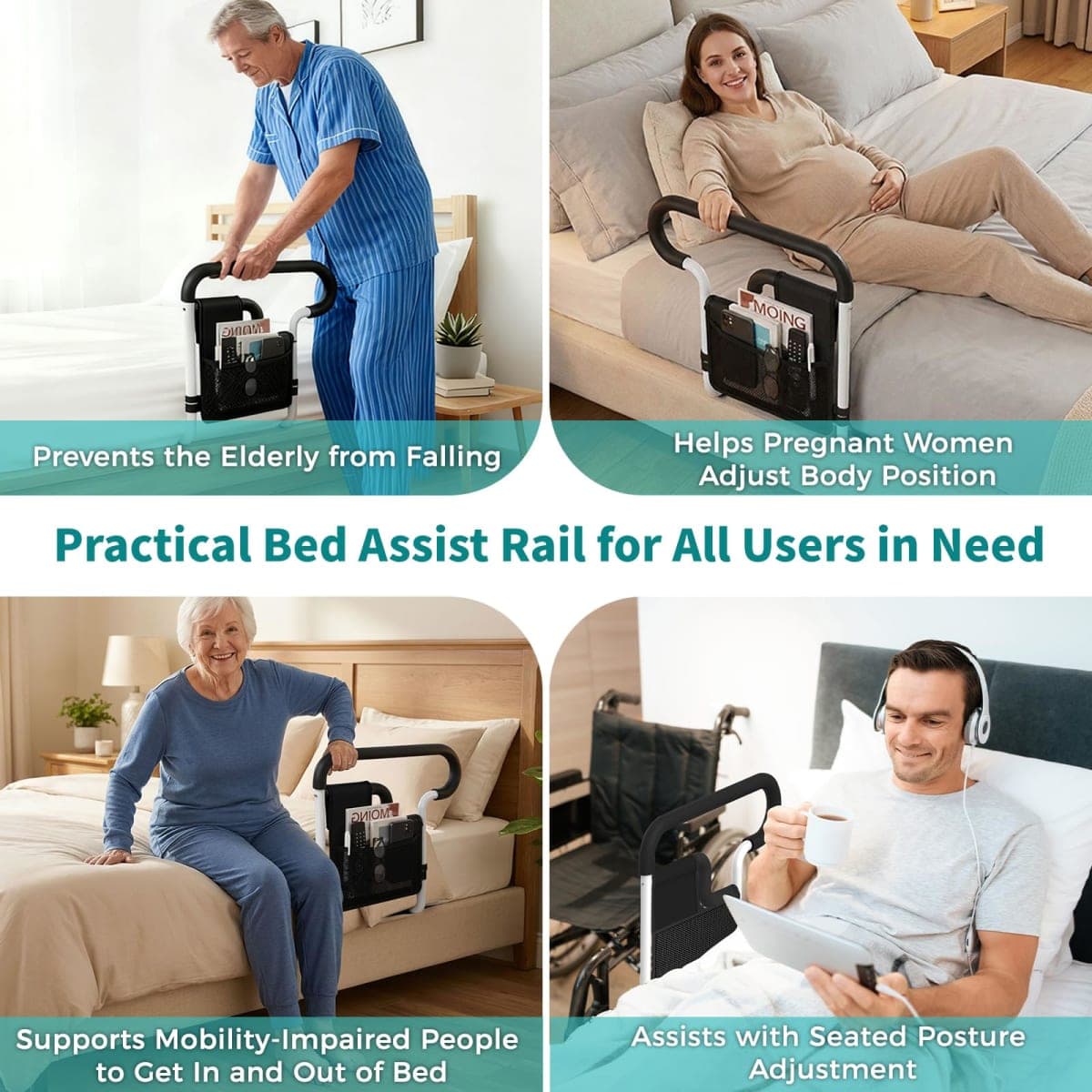 SEESMILE Bed Rails for Elderly Adults Safety: Adjustable Bed Assist Rail for Seniors, Bed Safety Rail with Storage Bag and Fixing Strap, Fit King, Queen, Full, Twin, Sliver Black thumbnail 3