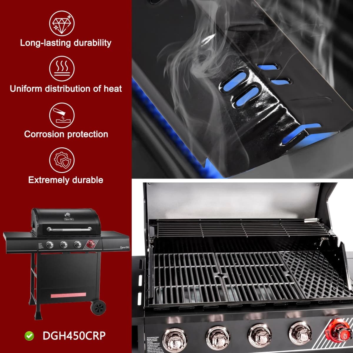 Hiorucet Grill Replacement Parts for Dyna Glo 4 Burner DGH450CRP, DGH450CRP-D, 70-01-911 Cast Iron Grill Grates, 70-02-411, 70-02-412 Porcelain Steel Heat Plates, Grill Parts Kit for Dyna-Glo Grill thumbnail 4
