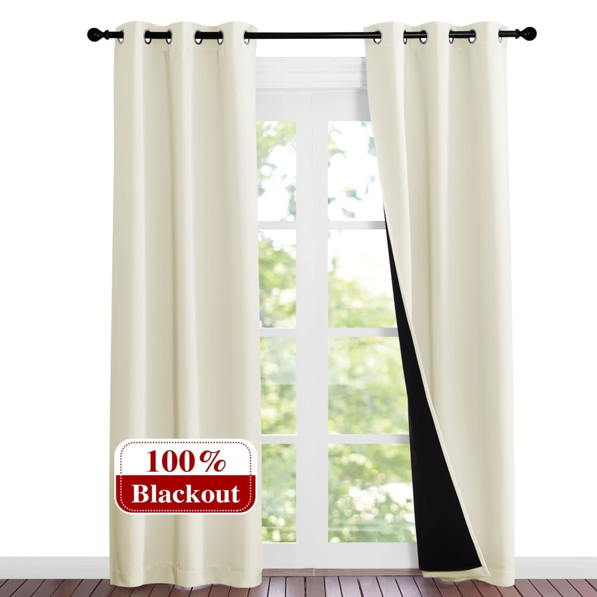 NICETOWN Living Room Completely Shaded Draperies, Privacy Protection & Noise Reducing Ring Top Drapes, Black Lined Insulated Window Treatment Blackout Curtain Panels (Beige, 2 Pieces, W37 x L84) thumbnail 2