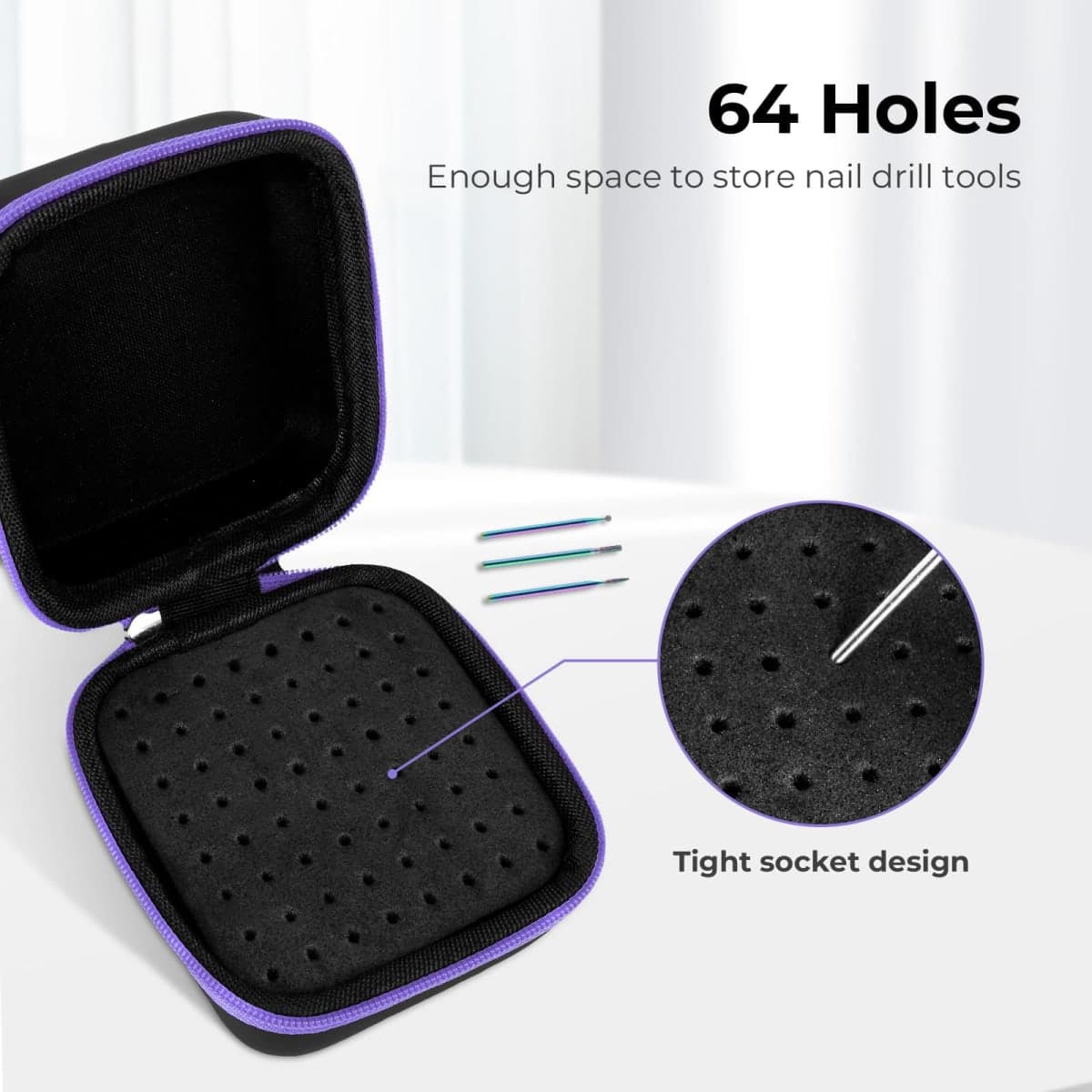 Lavinda Nail Drill Bits Holder, Dustproof Displayer Organizer Container, 64 Holes Nail Bits Container Box Case with High Density Foam to Avoid Slipping & Scratches,Purple (Drill Bits Not Included) thumbnail 2