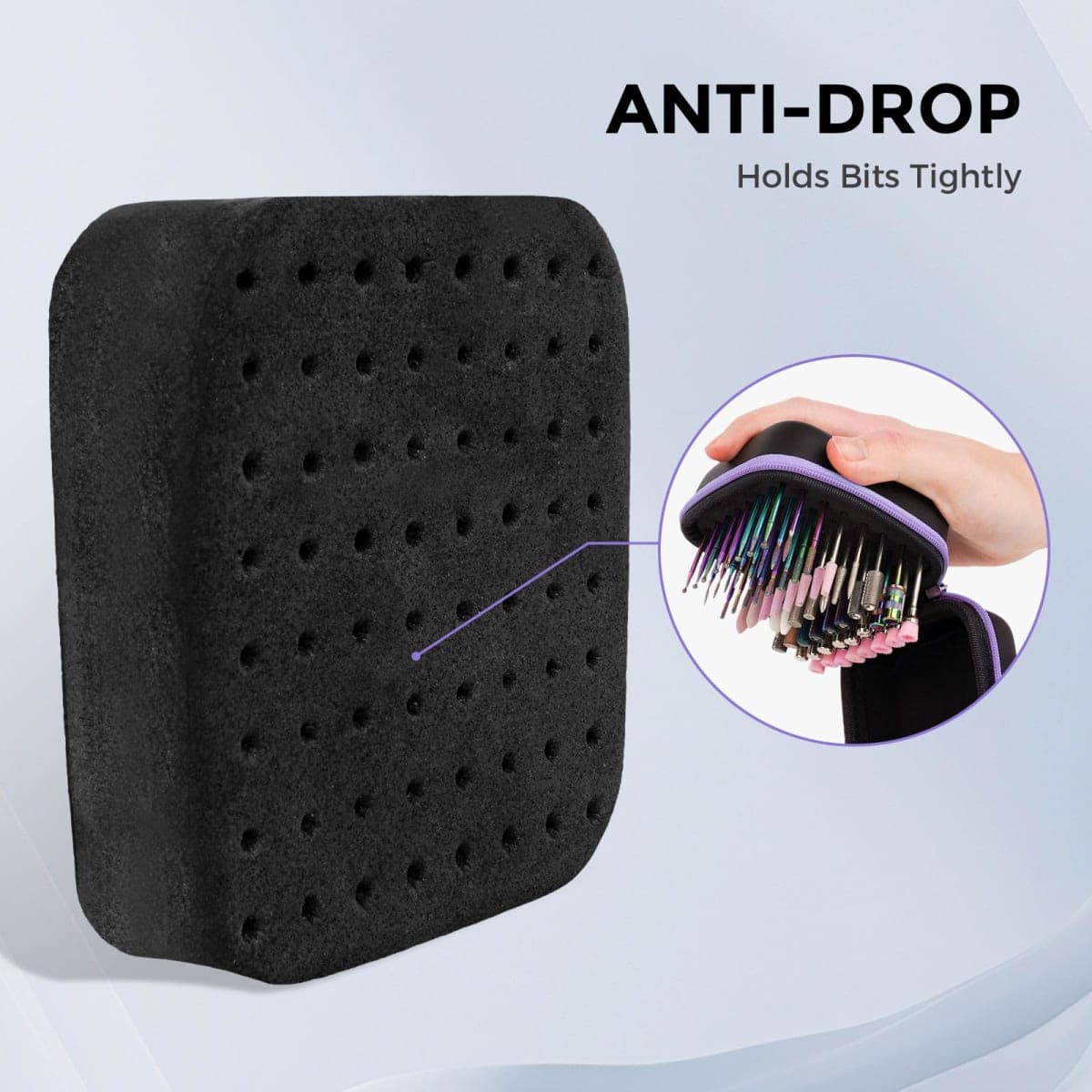 Lavinda Nail Drill Bits Holder, Dustproof Displayer Organizer Container, 64 Holes Nail Bits Container Box Case with High Density Foam to Avoid Slipping & Scratches,Purple (Drill Bits Not Included) thumbnail 5