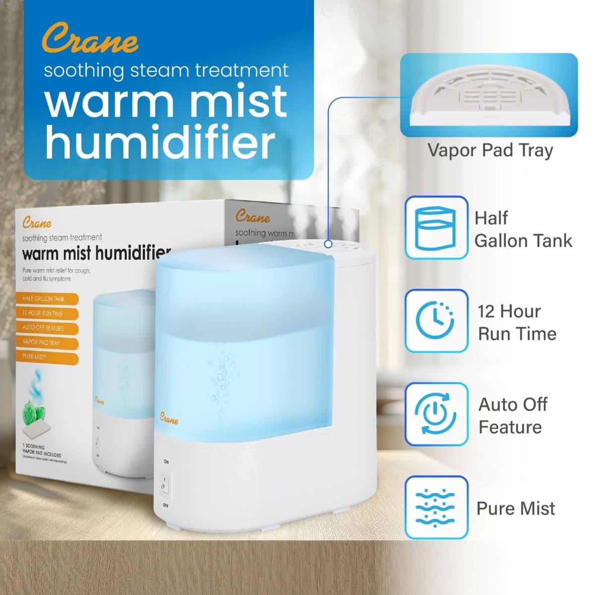 Crane Filter-Free Steam Treatment Warm Mist Humidifier with Vaporizer Function, 0.5 Gallon thumbnail 5