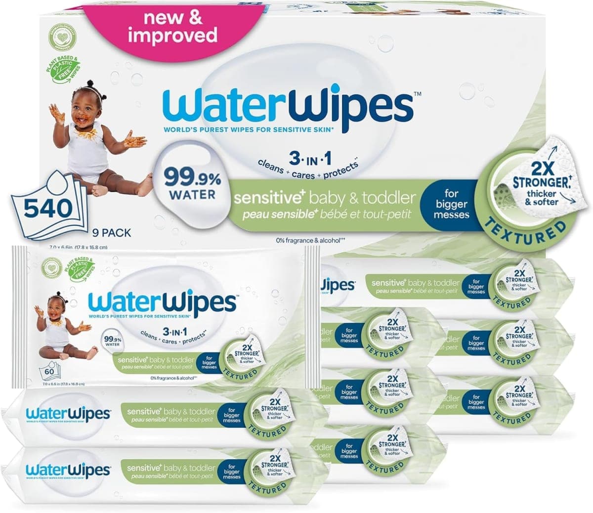 WaterWipes Sensitive+ Baby & Toddler Wipes, 3-In-1 Cleans, Cares, Protects, 99.9% Water, Textured Clean, Unscented & Hypoallergenic, 540 Count (Pack of 9) — image 1