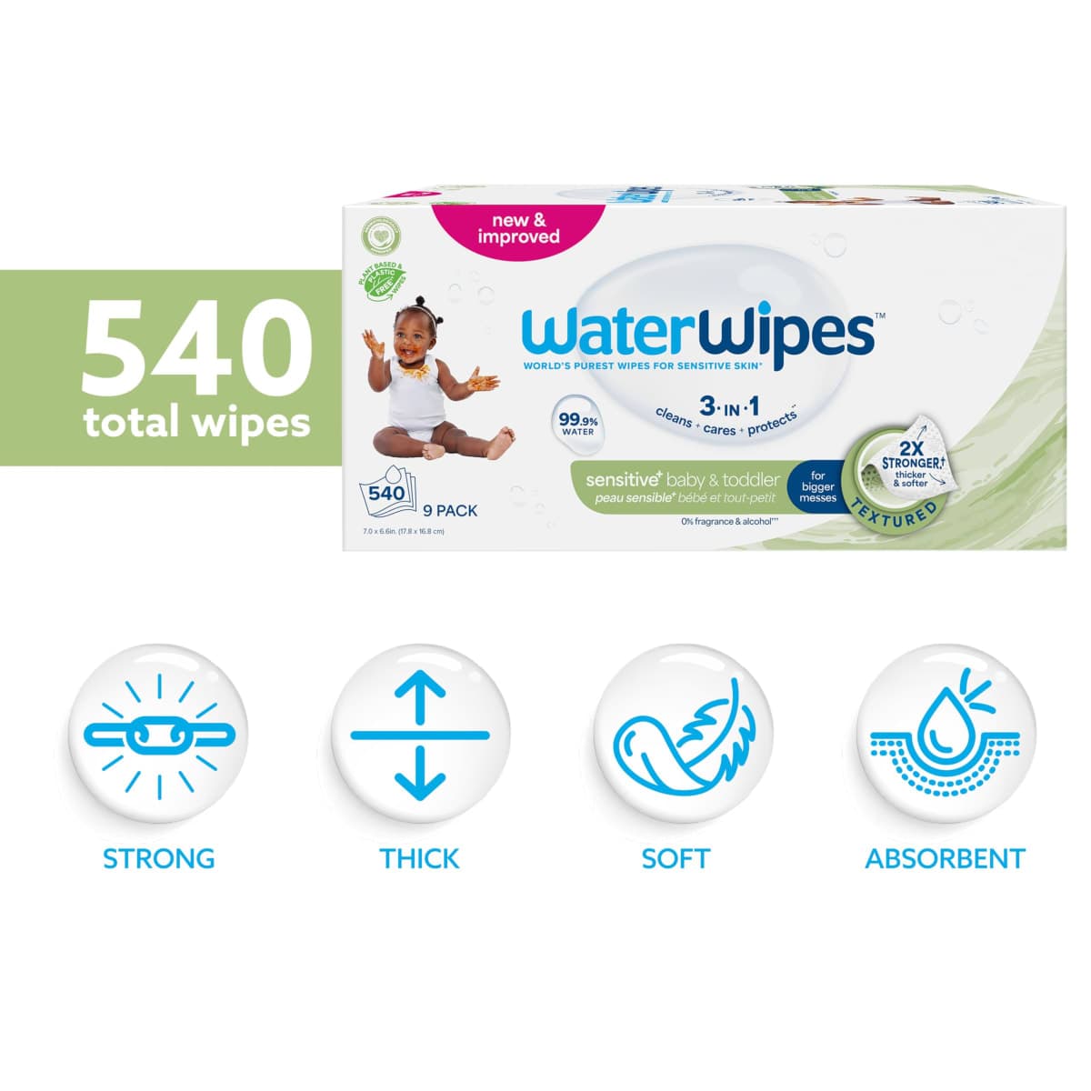 WaterWipes Sensitive+ Baby & Toddler Wipes, 3-In-1 Cleans, Cares, Protects, 99.9% Water, Textured Clean, Unscented & Hypoallergenic, 540 Count (Pack of 9) thumbnail 2