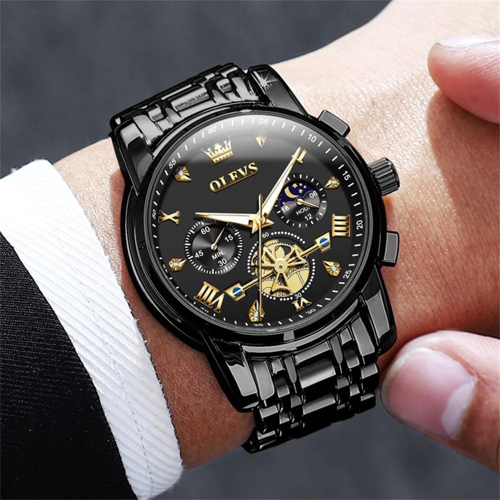 OLEVS Mens Watches Chronograph Black Dial Gold Stainless Steel Waterproof Date Analog Quartz Watch thumbnail 2