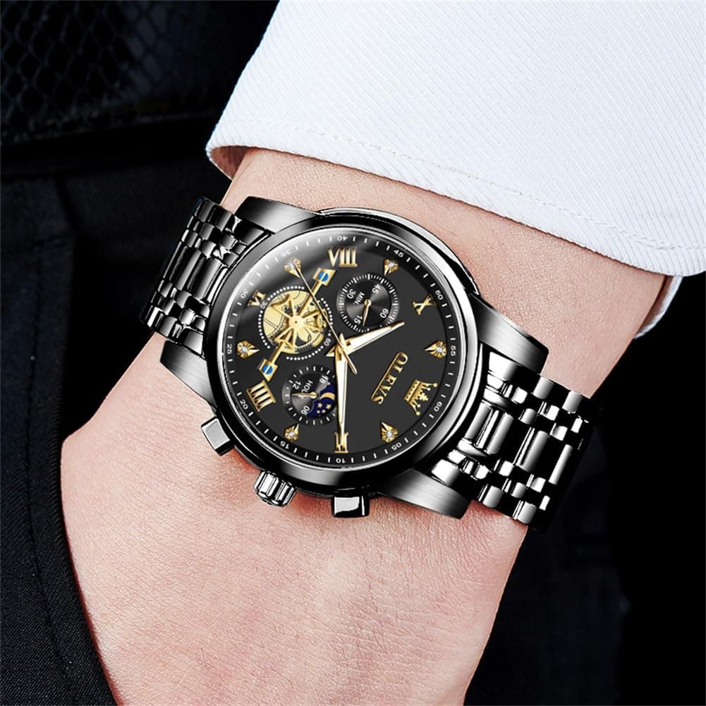 OLEVS Mens Watches Chronograph Black Dial Gold Stainless Steel Waterproof Date Analog Quartz Watch thumbnail 3