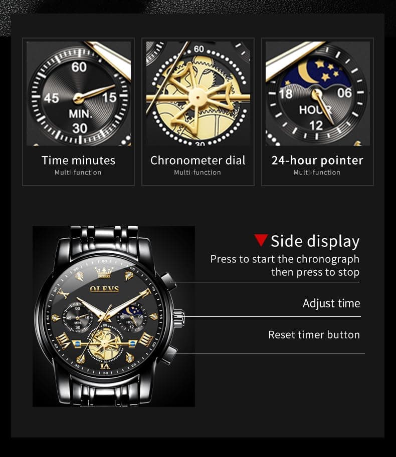 OLEVS Mens Watches Chronograph Black Dial Gold Stainless Steel Waterproof Date Analog Quartz Watch thumbnail 4