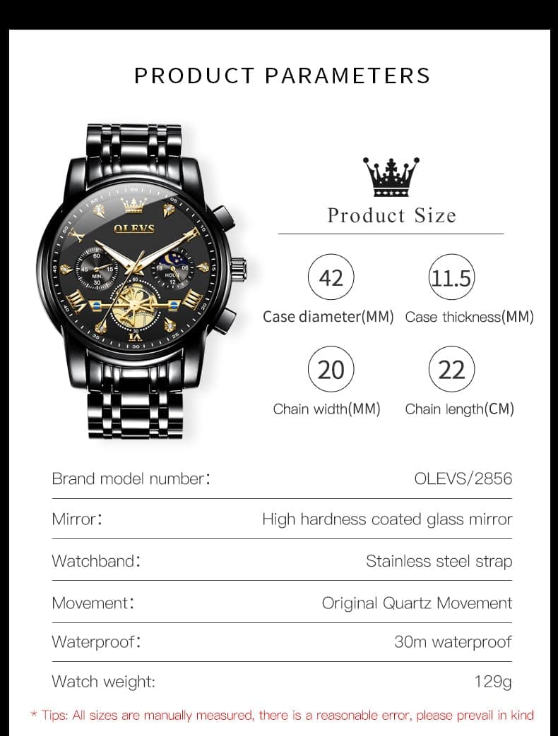 OLEVS Mens Watches Chronograph Black Dial Gold Stainless Steel Waterproof Date Analog Quartz Watch thumbnail 5