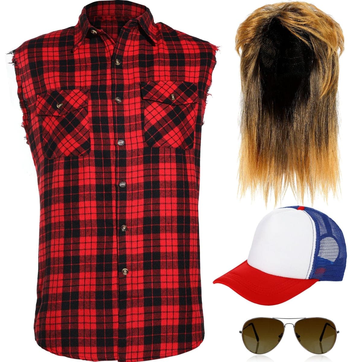 SATINIOR 80s Costume for Men Blonde Mullet Wig Men Flannel Plaid Sleeveless Plus Size Vest Metal Frame Blonde Sunglasses Hat(Red,Small Shirt)