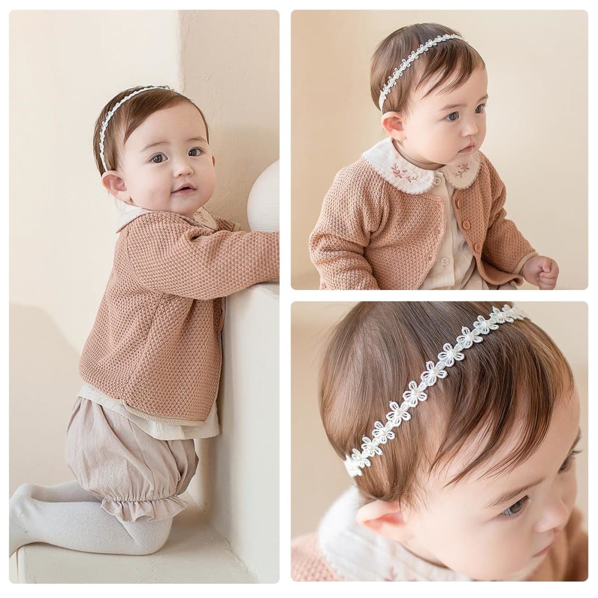 ICKEYOU Baby Girls Flower Crown Headband Lace Handmade Floral Headbands Soft Elastic Band Daisy Hairband Newborn Infant Toddler Kids for Christening Baptism Birthday Party (Pink, Daisy) thumbnail 4