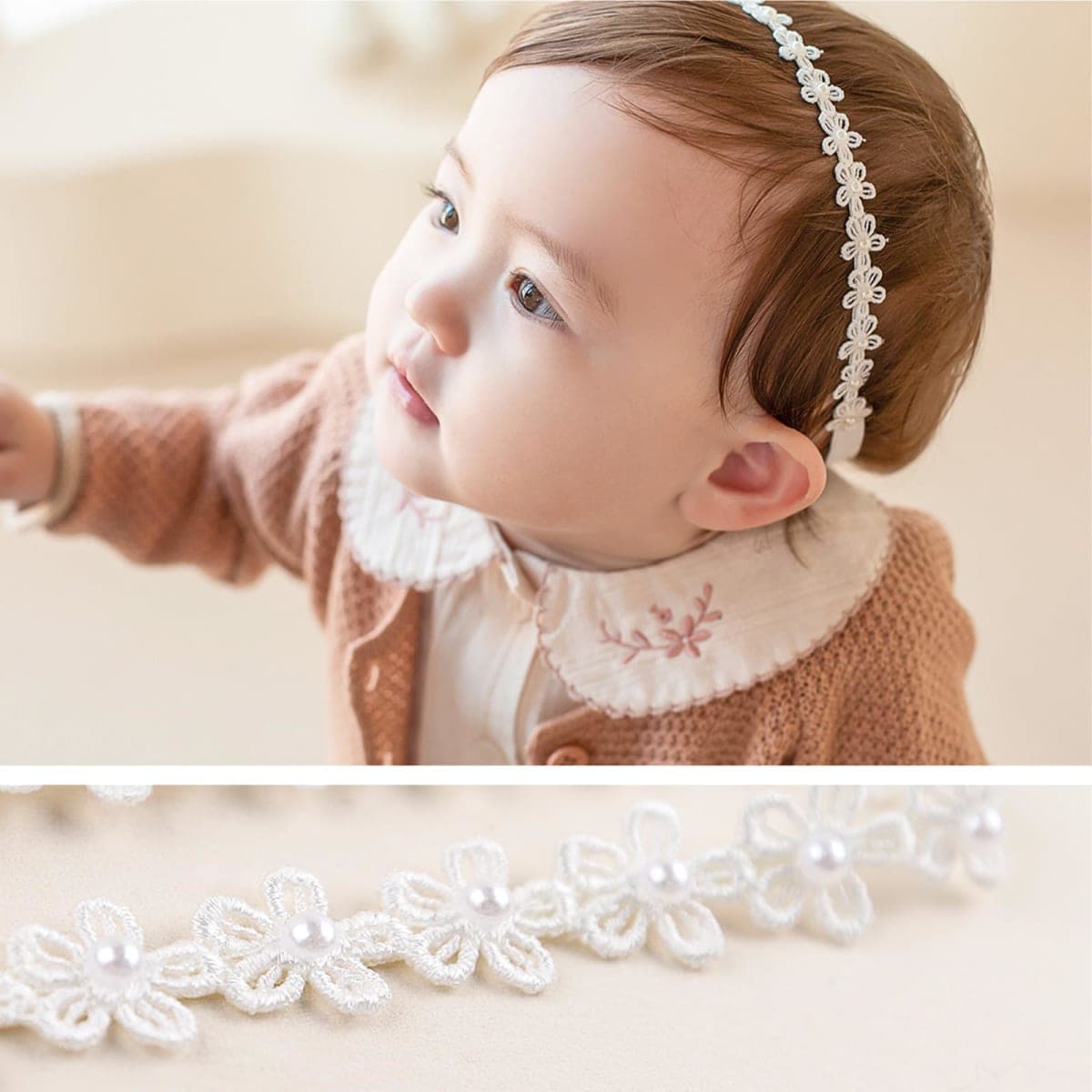 ICKEYOU Baby Girls Flower Crown Headband Lace Handmade Floral Headbands Soft Elastic Band Daisy Hairband Newborn Infant Toddler Kids for Christening Baptism Birthday Party (Pink, Daisy) thumbnail 5