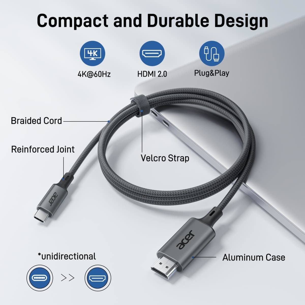 Acer USB C to HDMI Cable 4K@60Hz 6.6FT, Crystal-Clear UHD USB Type C to HDMI Cable, Thunderbolt 4 3 to HDMI Cord Compatible with iPhone 16, MacBook Pro/Air, iPad Pro, Surface Book 2, Galaxy S24 thumbnail 4