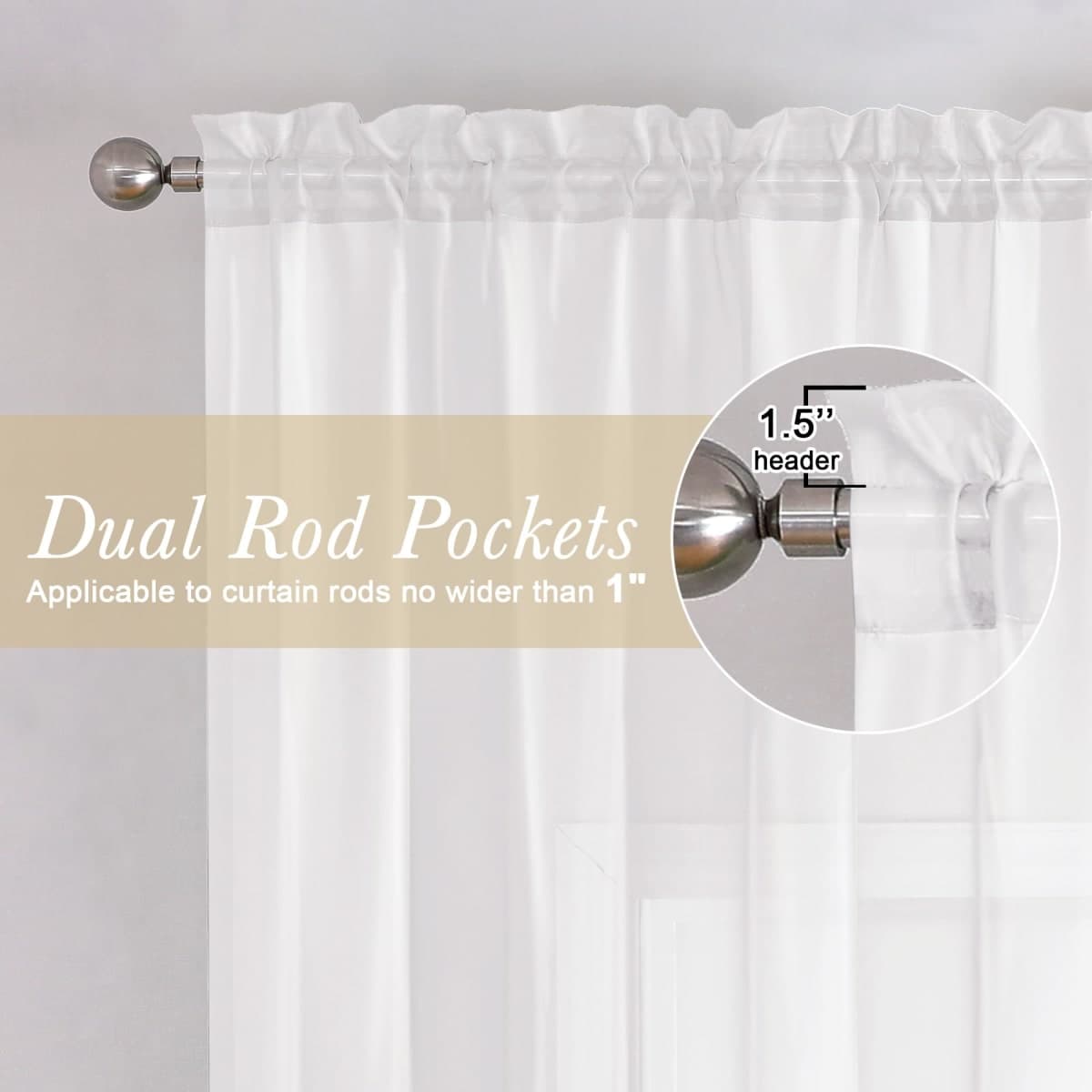 Lecloud White Sheer Curtains 63 Inch Length 2 Panels, Elegant Voile Drapes for Dinning Small Windows, Light Filtering Gauzy Curtain for Living Room Bedroom Bathroom, Dual Rod Pocket, 40" W x 63" L thumbnail 2