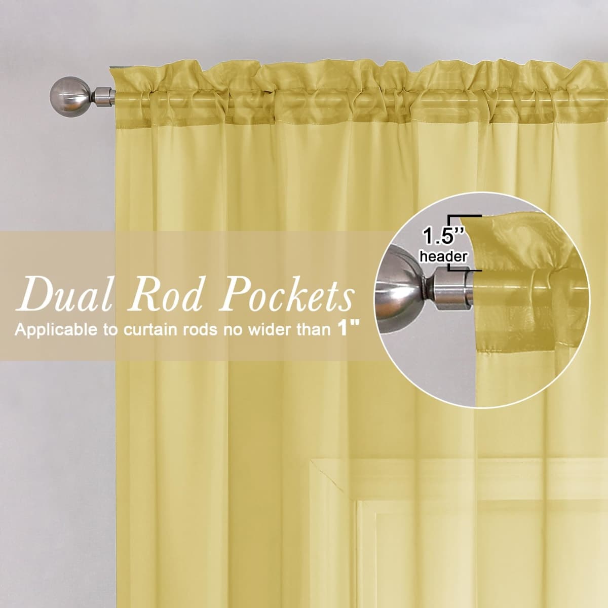 Lecloud Yellow Sheer Curtains 63 Inch Length 2 Panels, Light Filtering Voile Curtain Drapes for Bedroom Basement, Dual Rod Pocket Living Room Elegant Window Treatments, 40" W x 63" L thumbnail 2