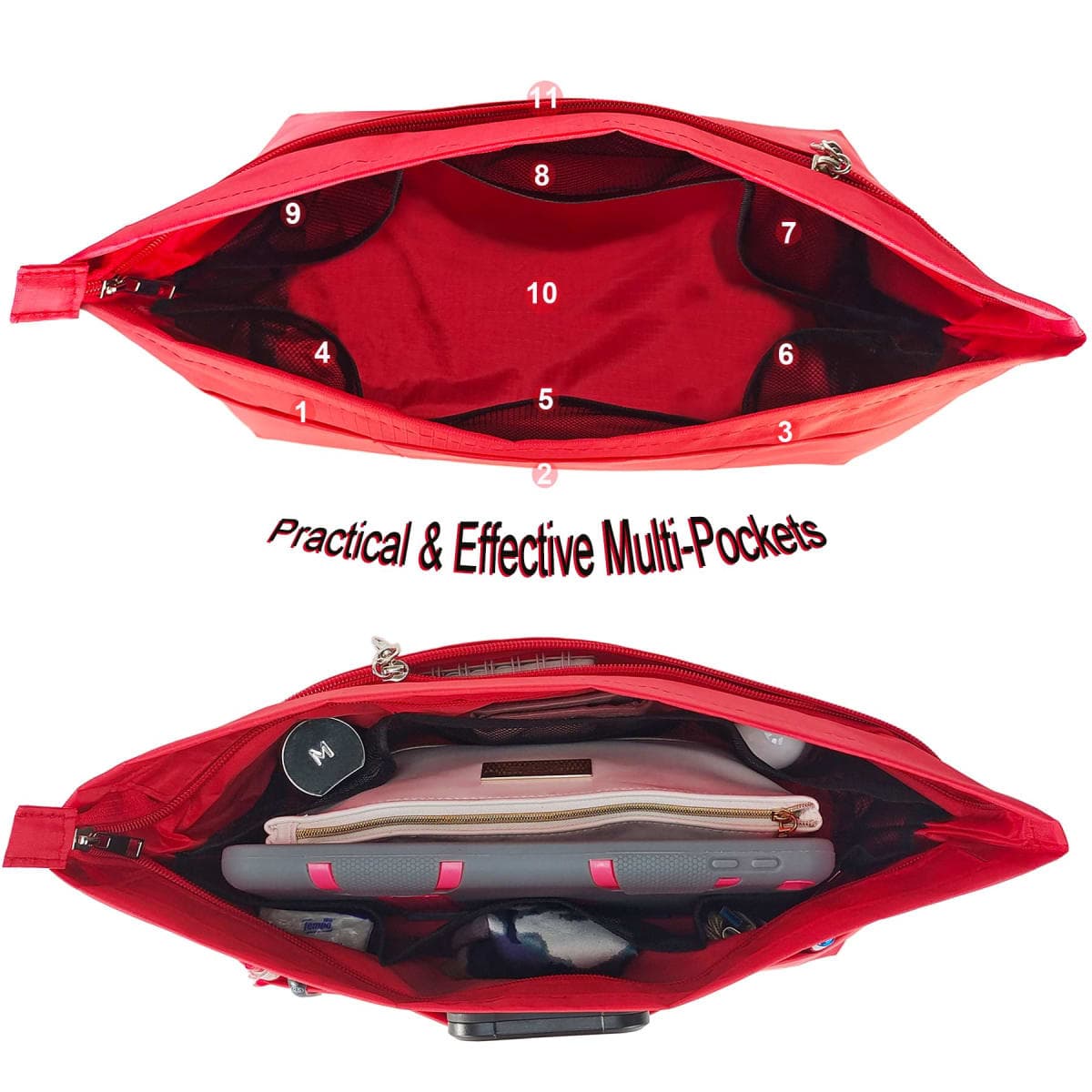 Time Wing Handbag Tote Purse Organizer Insert Bag Liner Shaper Pocketbook Divider Zipper 11 Pockets Compartments Large Red thumbnail 4