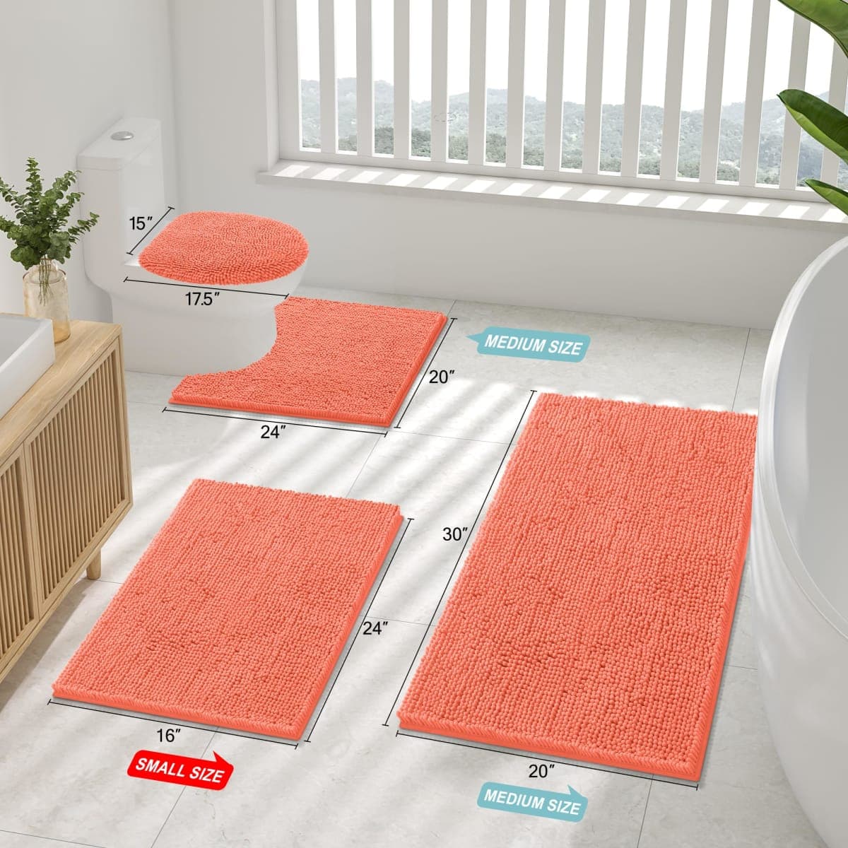 Smiry Luxury Chenille Bathroom Rugs 24x16, Extra Soft and Absorbent Shaggy Bath Mat, Machine Washable, Non-Slip Plush Carpet Runner for Tub, Shower, and Floor, Home Decor Accessories, Coral thumbnail 2