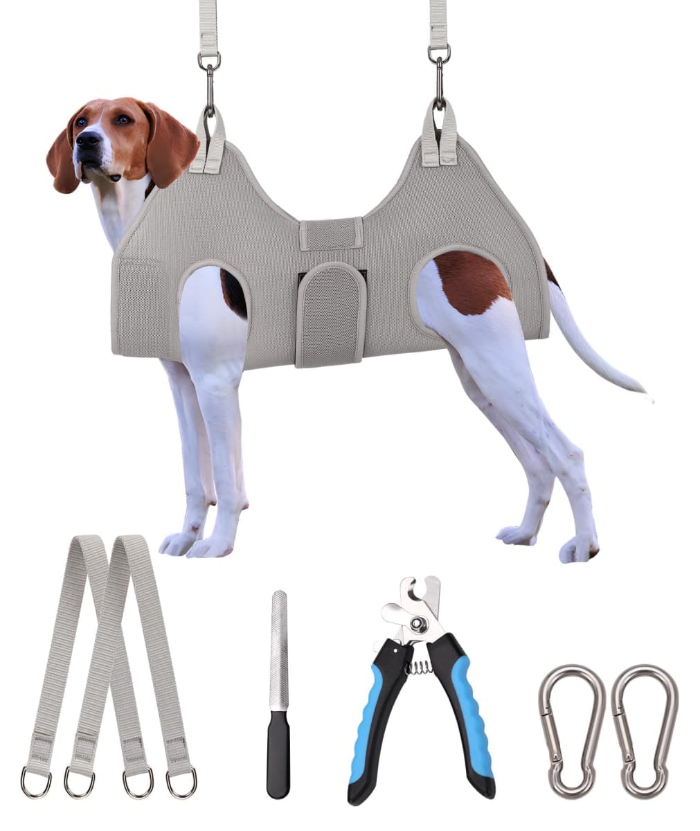 Kkiimatt Dog Grooming Hammock, X-Large Dog Grooming Sling for Nail Trimming with Thick Neck Support and Wide Strap,2024 Silver Gray Dog Grooming Harness, Dog Hanging Harness Claw Care Restraint
