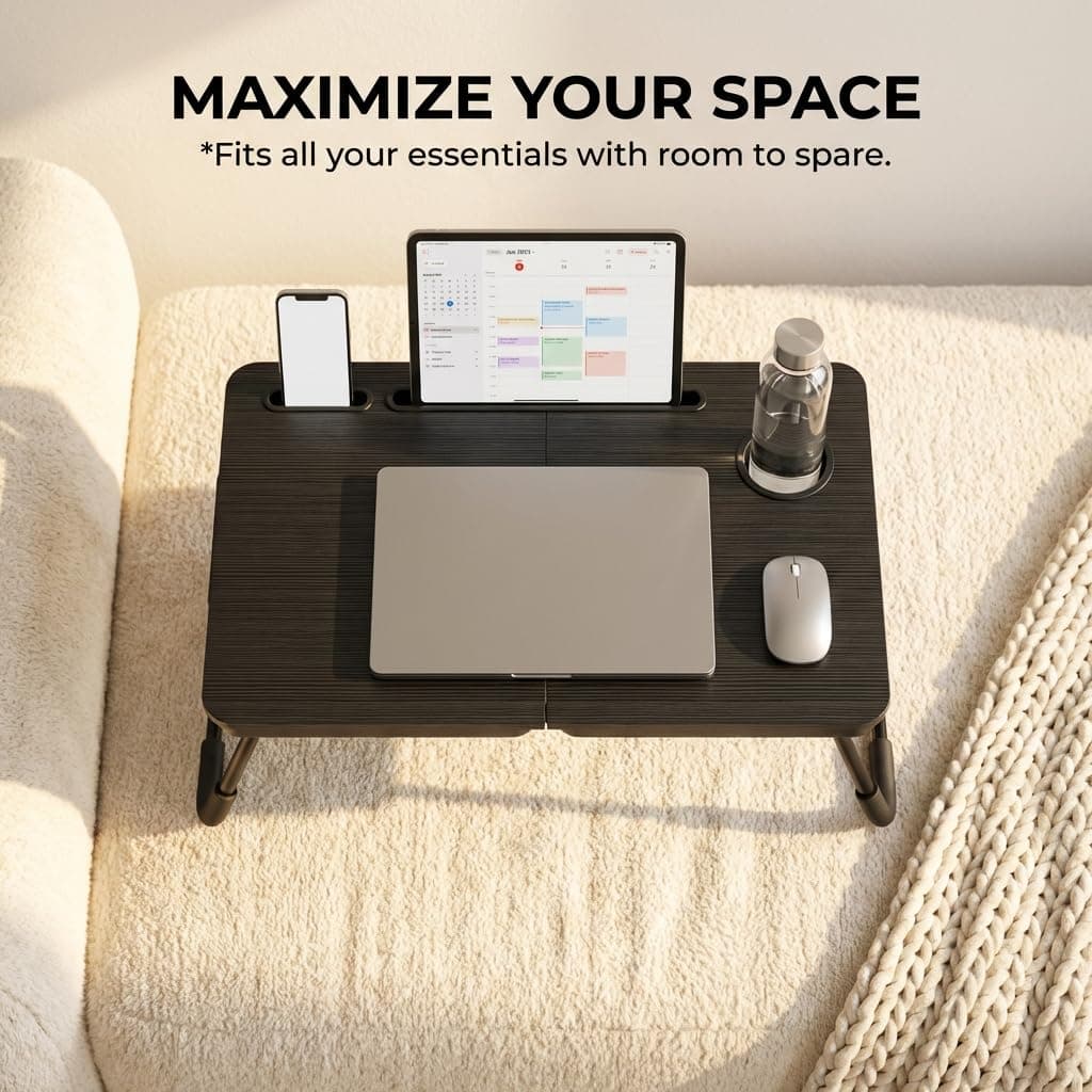 Portable Foldable Laptop Desk for Bed and Couch, Adjustable Lap Desk with Cup Holder and Phone Holder, Ideal for Working, Reading, Writing, and Breakfast -NEW-006 thumbnail 3