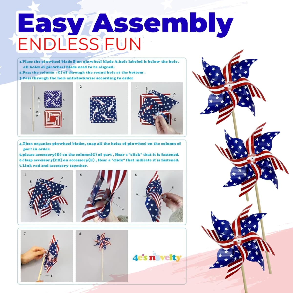 4E's Novelty 18” Large Patriotic Pinwheels 12 Pack Pinwheels Bulk - Red White and Blue Decorations, Pinwheels for Yard and Garden, 4th of July Decor, Memorial Day Decor, Patriotic Outdoor Decorations thumbnail 5