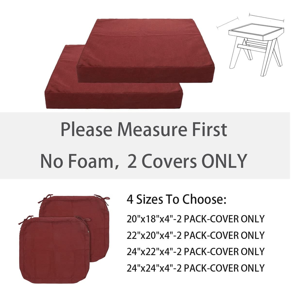 Outdoor Cushion Covers 22 x 20 x 4 inch,Set of 2,Replacement Seat Cushion Cover for Patio Furniture Chair,Water Resistant,Fade-Resistant Slipcover Only,No Insert(Rust Red) thumbnail 3