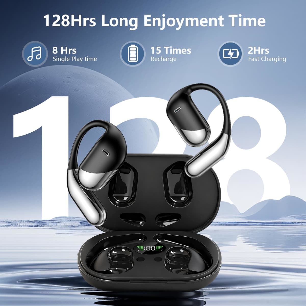 Open Ear Clip Wireless Earbuds Bone Conduction Headphones, Bluetooth 5.4, Open Ear Design for Running Fitness,office，Built-in Mic, IPX7 Waterproof, LED Display Charging Case,Ear Hooks Ear Buds thumbnail 2
