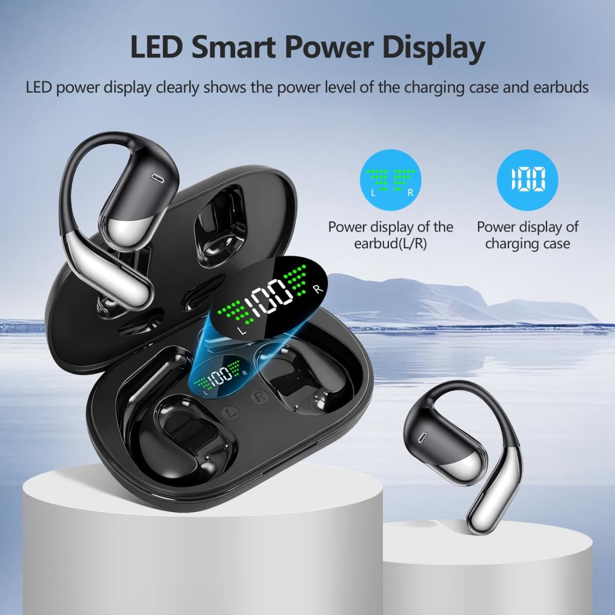Open Ear Clip Wireless Earbuds Bone Conduction Headphones, Bluetooth 5.4, Open Ear Design for Running Fitness,office，Built-in Mic, IPX7 Waterproof, LED Display Charging Case,Ear Hooks Ear Buds thumbnail 3