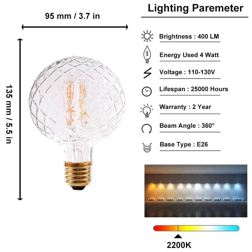 Vintage LED Edison Bulb G30 4W Dimmable LED Filament Bulb Globe Pineapple Shaped Light Bulb 2300K Warm White E26 400Lumen (Clear) thumbnail 2