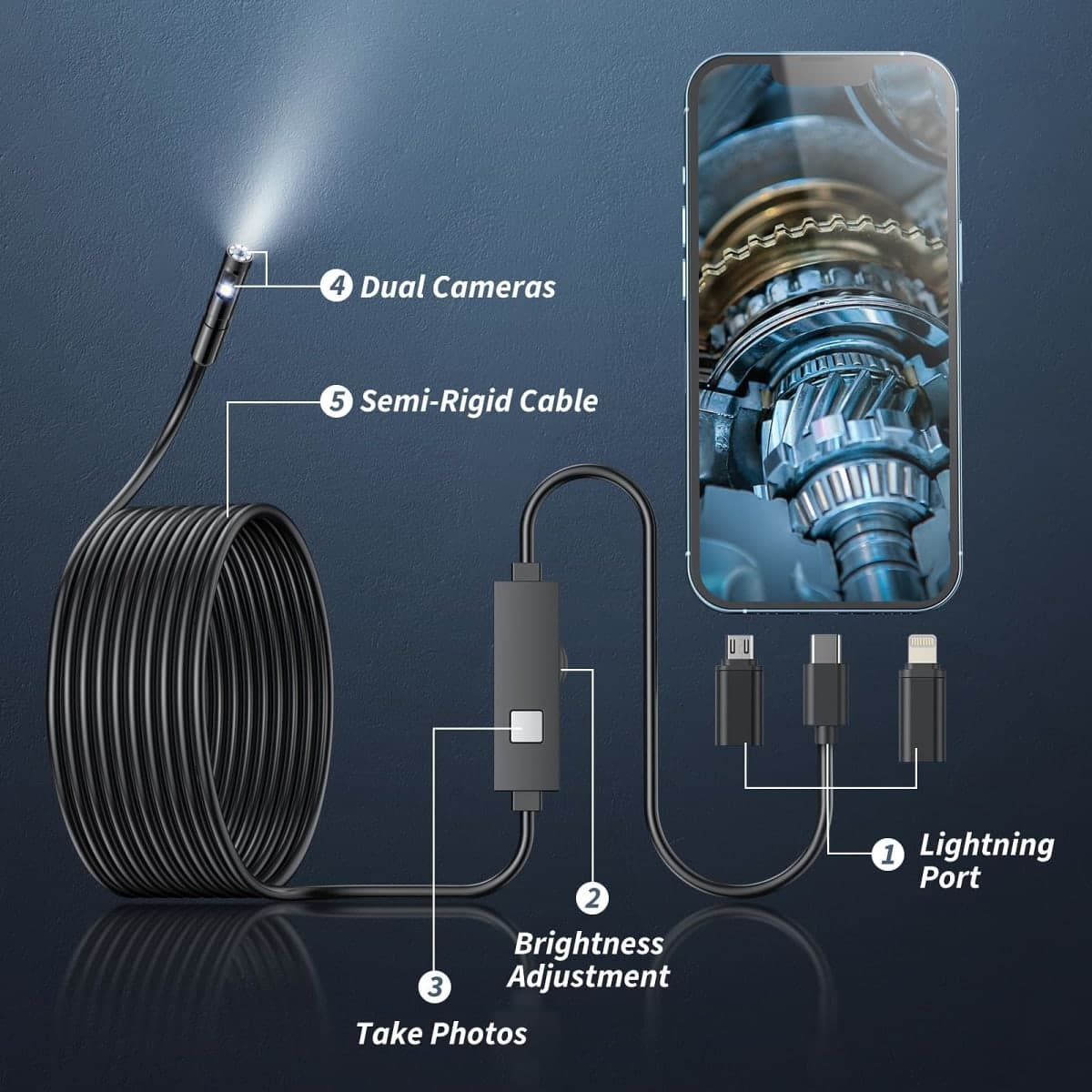 Kinpthy Endoscope Camera with Light,1920P HD Borescope Tools with 8 Adjustable LED Lights, Endoscope with Semi-Rigid Snake Camera, Inspection Borescope for iOS and Android-16.4ft Dual-Lens thumbnail 2