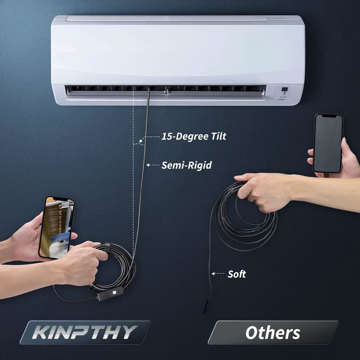 Kinpthy Endoscope Camera with Light,1920P HD Borescope Tools with 8 Adjustable LED Lights, Endoscope with Semi-Rigid Snake Camera, Inspection Borescope for iOS and Android-16.4ft Dual-Lens thumbnail 3