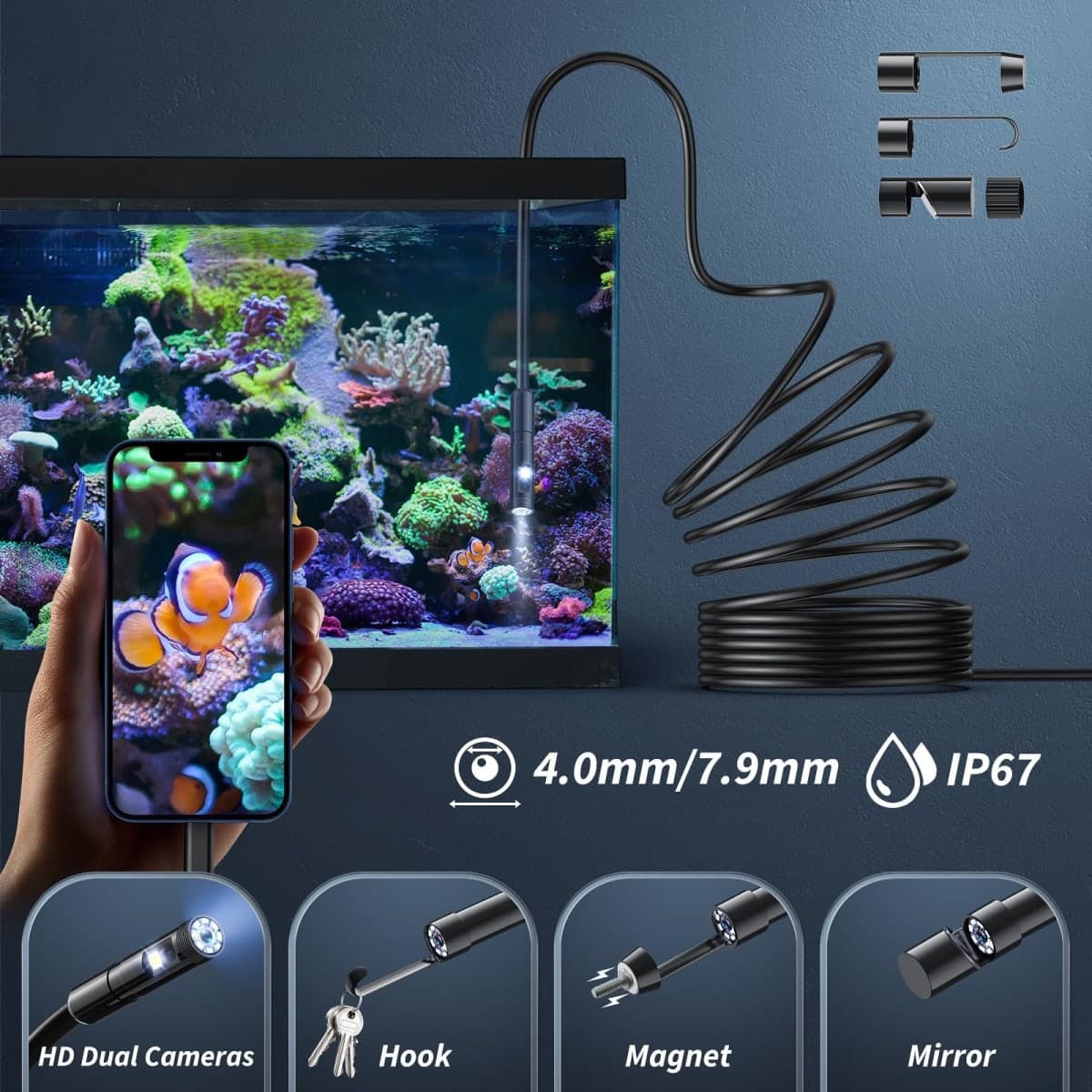 Kinpthy Endoscope Camera with Light,1920P HD Borescope Tools with 8 Adjustable LED Lights, Endoscope with Semi-Rigid Snake Camera, Inspection Borescope for iOS and Android-16.4ft Dual-Lens thumbnail 4
