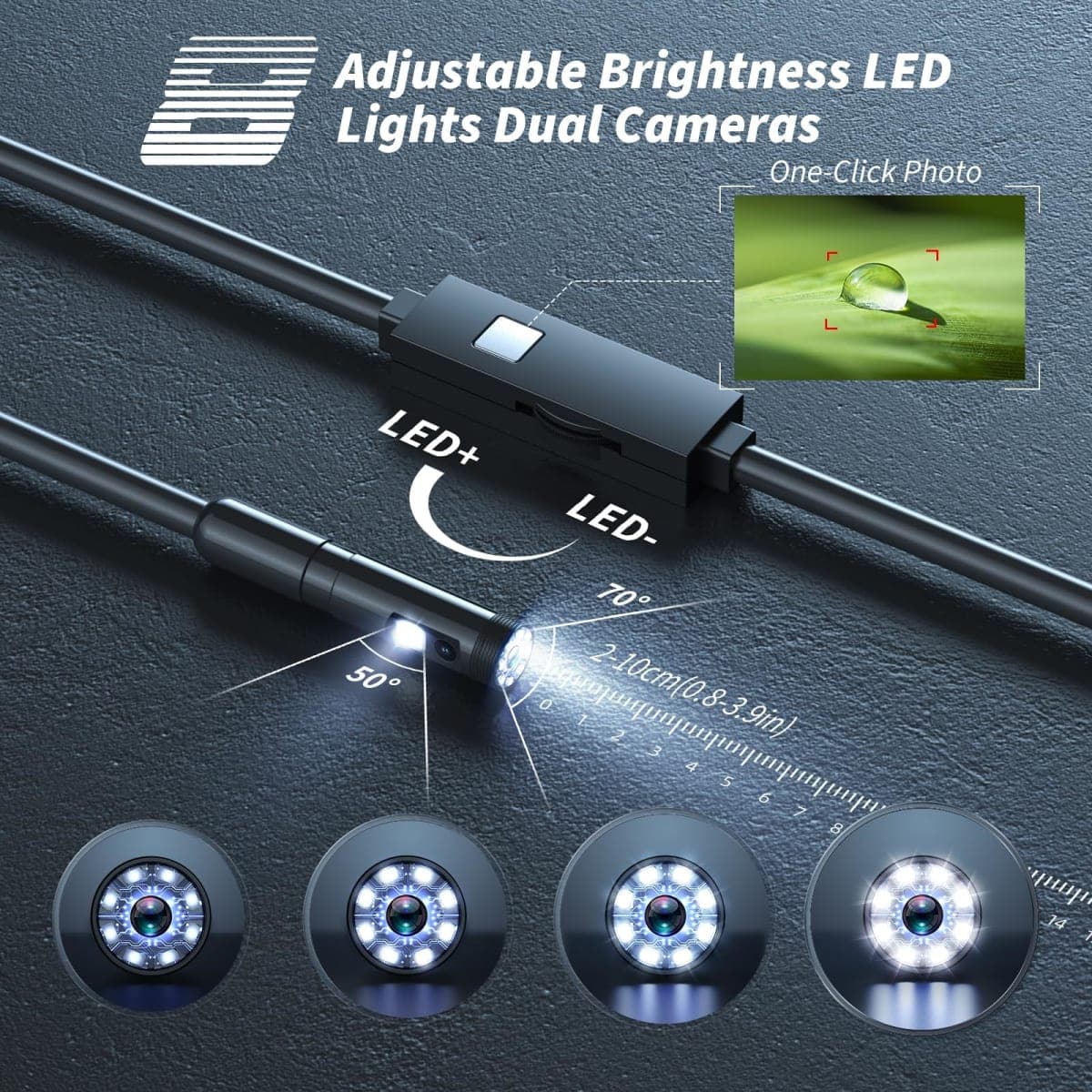 Kinpthy Endoscope Camera with Light,1920P HD Borescope Tools with 8 Adjustable LED Lights, Endoscope with Semi-Rigid Snake Camera, Inspection Borescope for iOS and Android-16.4ft Dual-Lens thumbnail 5