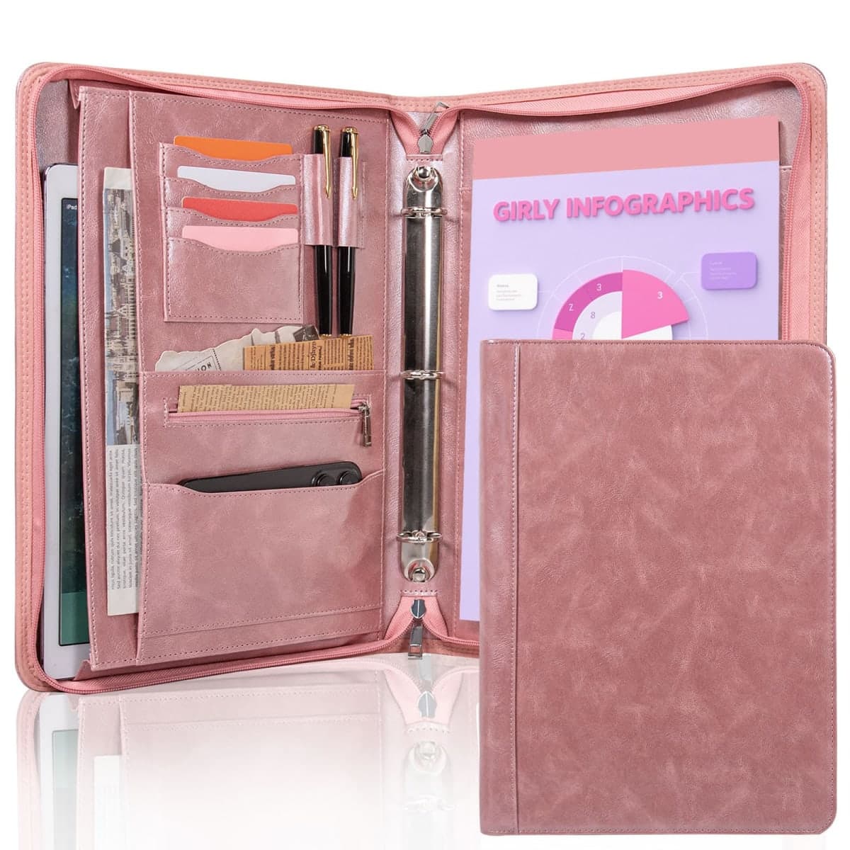 Calfinder3 Ring Portfolio Binder with Zipper, Leather Padfolio for Women, Professional Portfolio Organizer with Laptop/Tablet Holder, Business Padfolio for Resume/Notebook,Gift for Valentine's Day — image 1