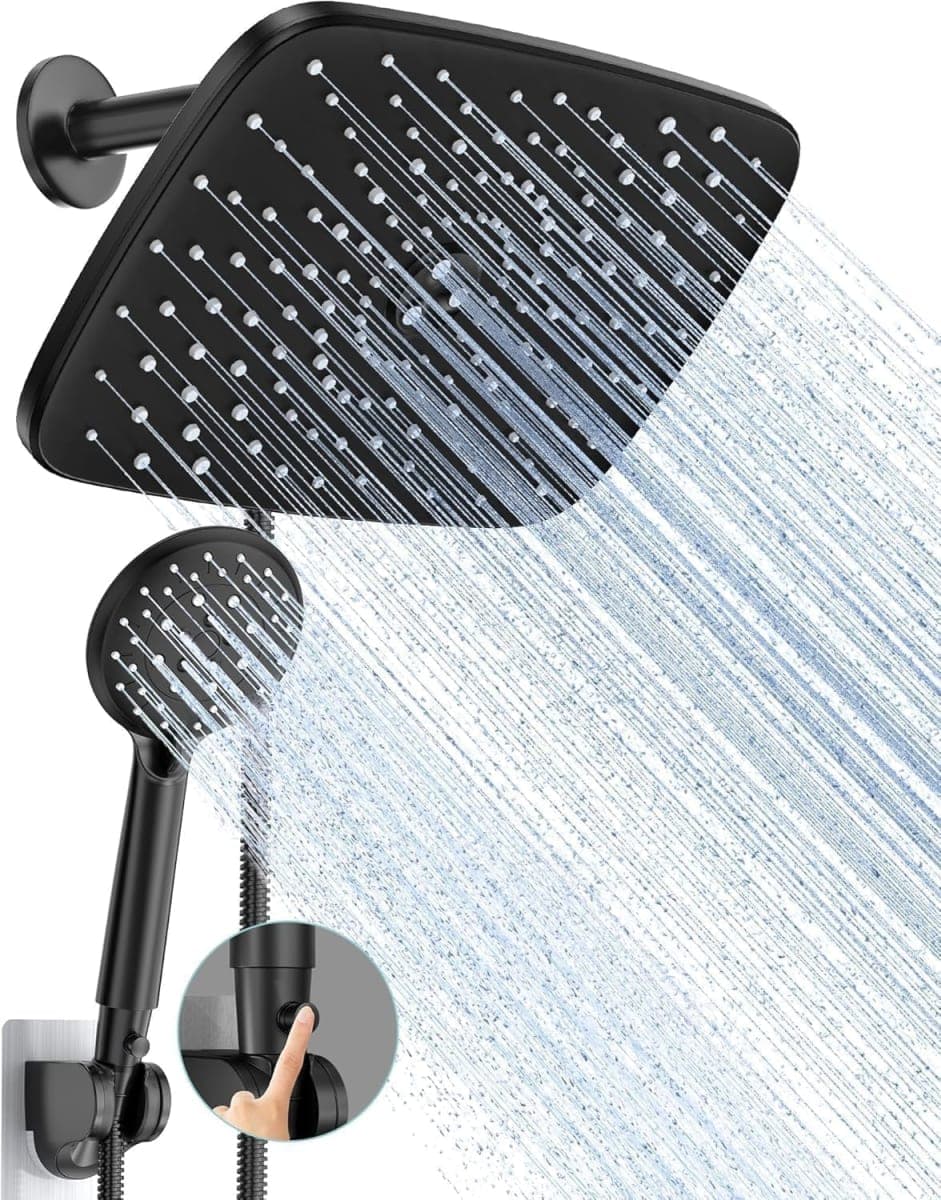 Veken 12 Inch Rainfall Shower Head Combo with 5 Settings, Matte Black Finish, Includes Rainfall Shower Head, Handheld Head with 70" Hose