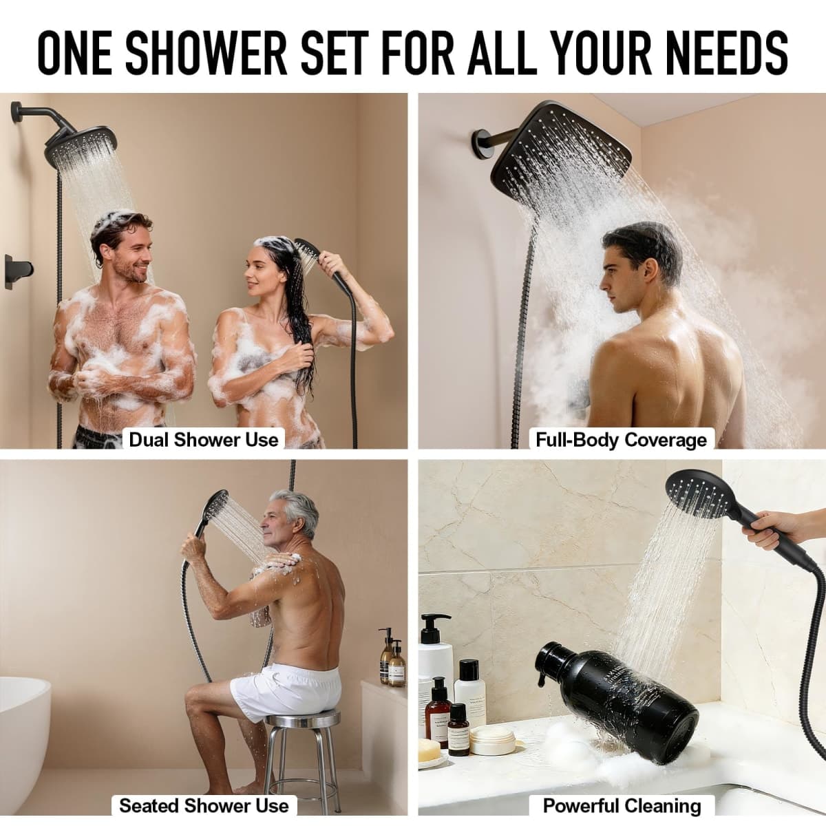 Veken 12 Inch Rainfall Shower Head Combo with 5 Settings, Matte Black Finish, Includes Rainfall Shower Head, Handheld Head with 70" Hose thumbnail 3