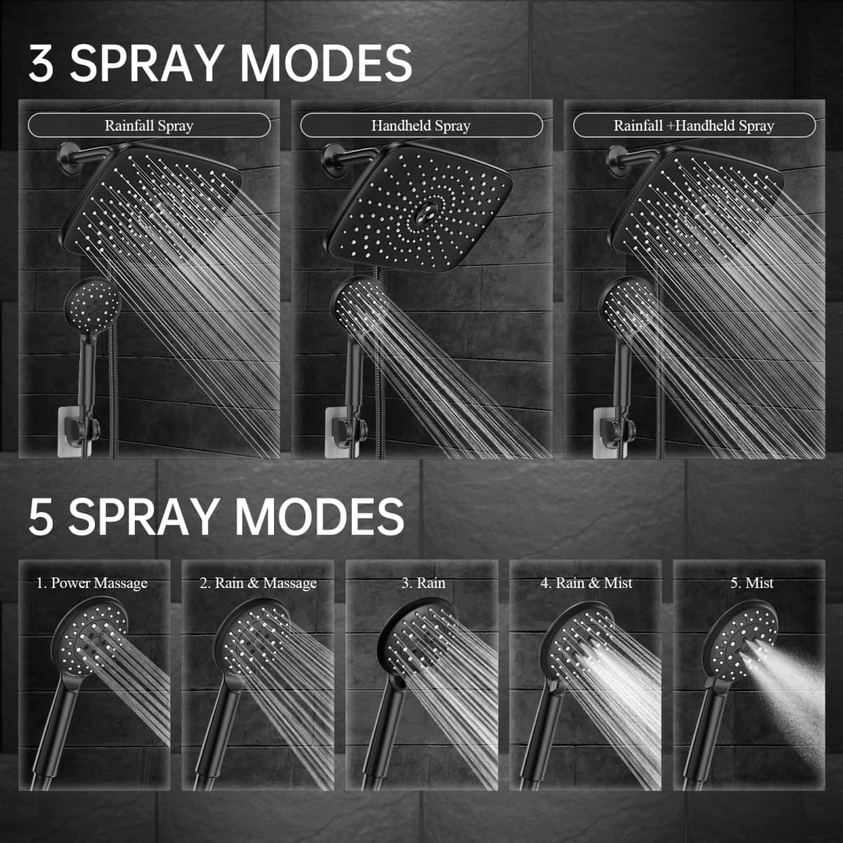 Veken 12 Inch Rainfall Shower Head Combo with 5 Settings, Matte Black Finish, Includes Rainfall Shower Head, Handheld Head with 70" Hose thumbnail 4