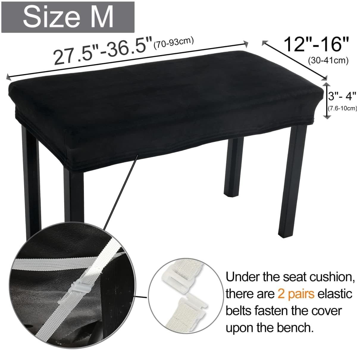 SINOSSO Soft Velvet2-Person Piano Bench Cover, (27.5"- 36.5") Lx (12"- 16") W Rectangle Stretch Washable Stool Upholstered Protector Slipcover, (M, Black) thumbnail 4