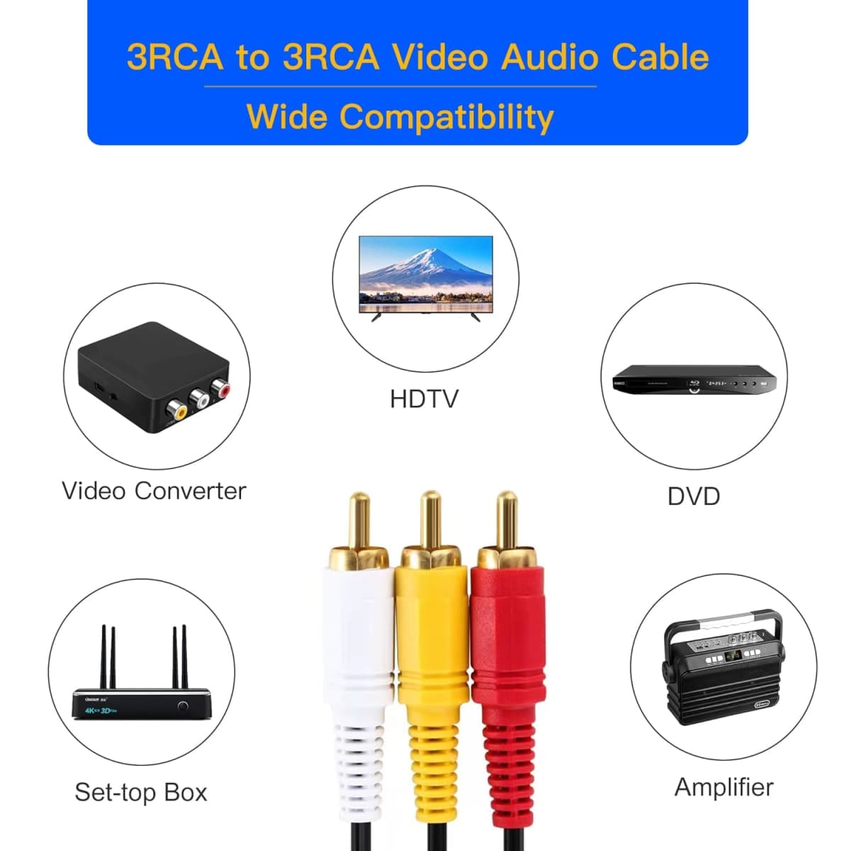 RCA Cable, AV Cable Gold Plated, Yellow/White/red connectors 3 Male to 3 Male-4.6 Feet/1PCS thumbnail 4
