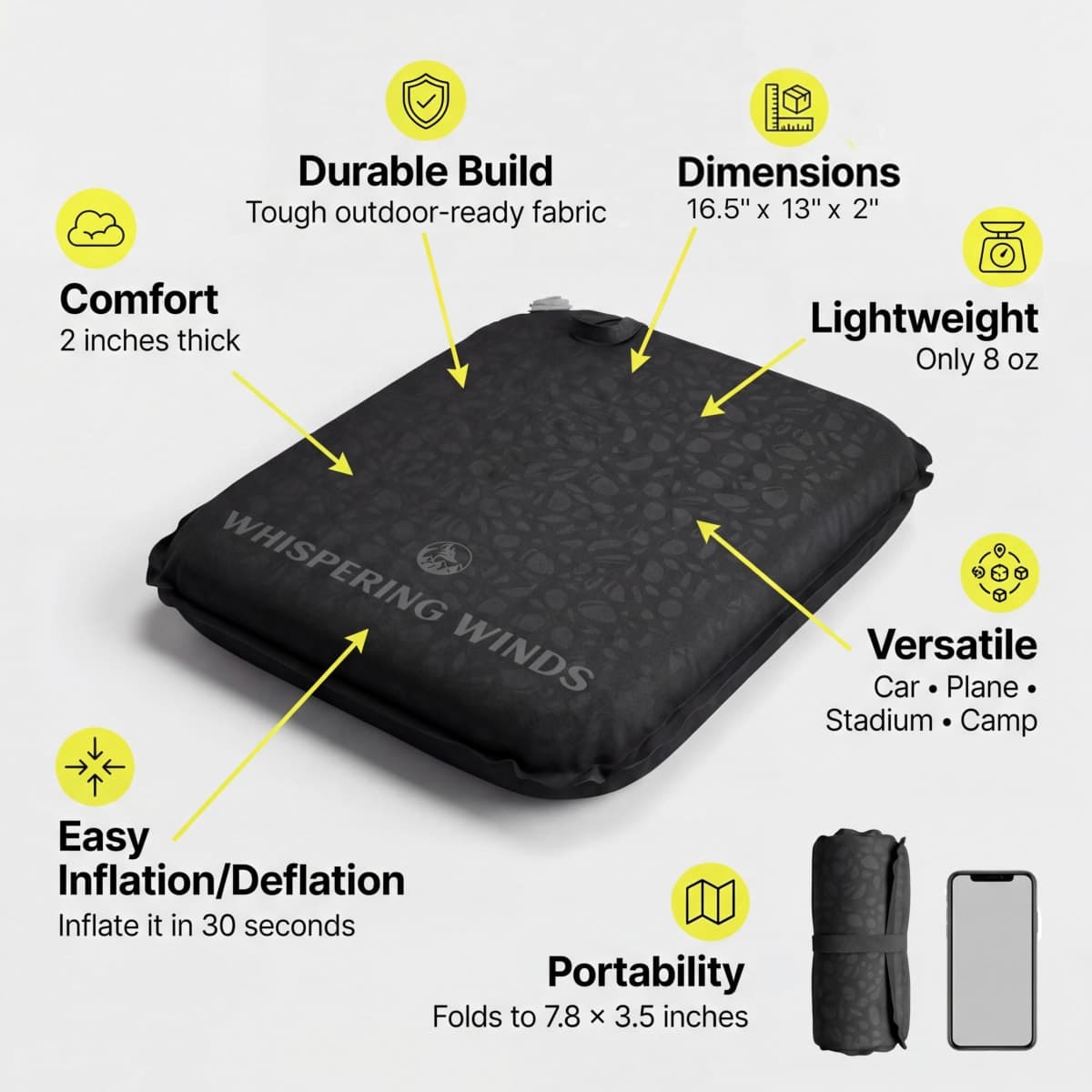 Whispering Winds Inflatable Seat Cushion - Comfortable Blow-up Foam Pad for Airplane, Travel, Stadium, Outdoors, Camping, Car & More thumbnail 3