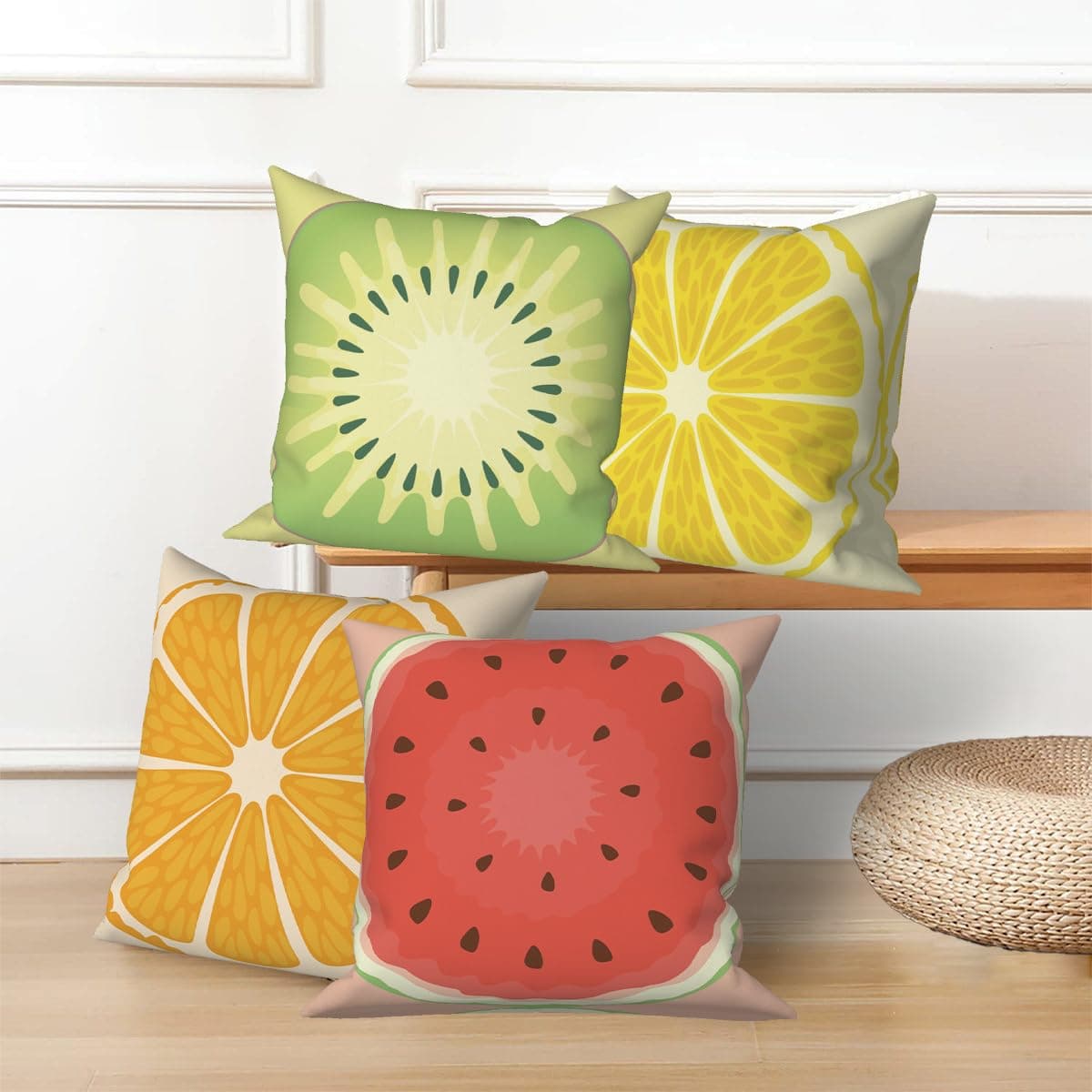 Vie Savaran Summer Fruit Throw Pillow Covers 18''x18'' Set of 4, Lemon Watermelon Kiwifruit Orange Pillowcase Colorful Printed Cushion Covers for Couch Sofa Bedroom Farmhouse Garden Patio Decorative thumbnail 3
